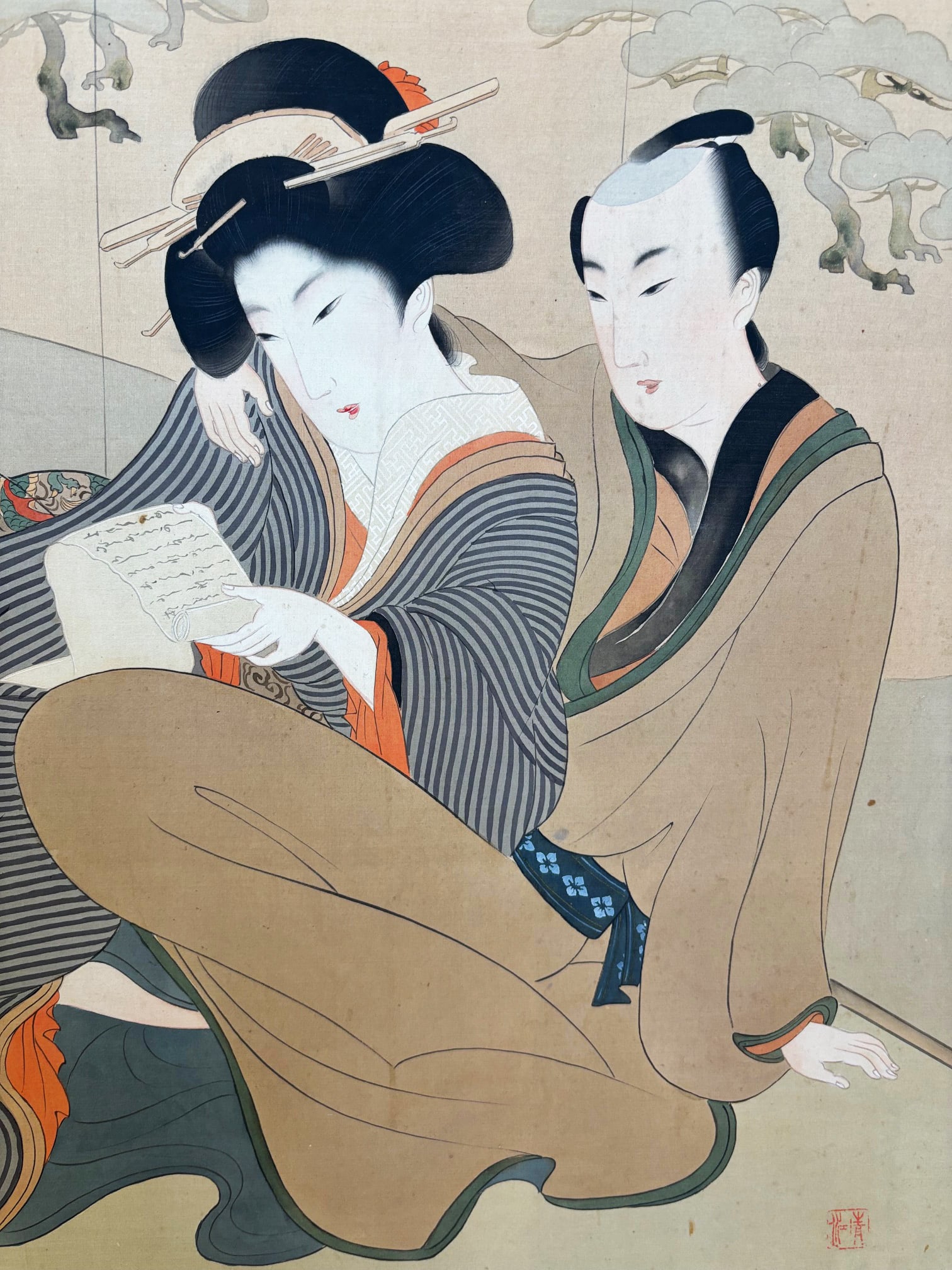 Japanese 2 Panel Romantic Shunga Low Screen - 6