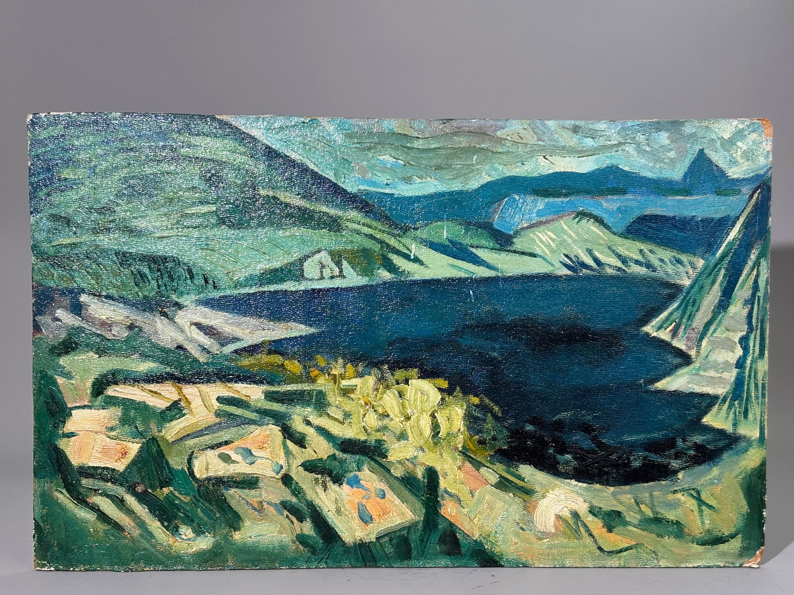 Mountain Landscape & Lake Oil Board: Mountain Landscape and Lake, Oil on Board Height 14 3/4 inches X width 24 inches