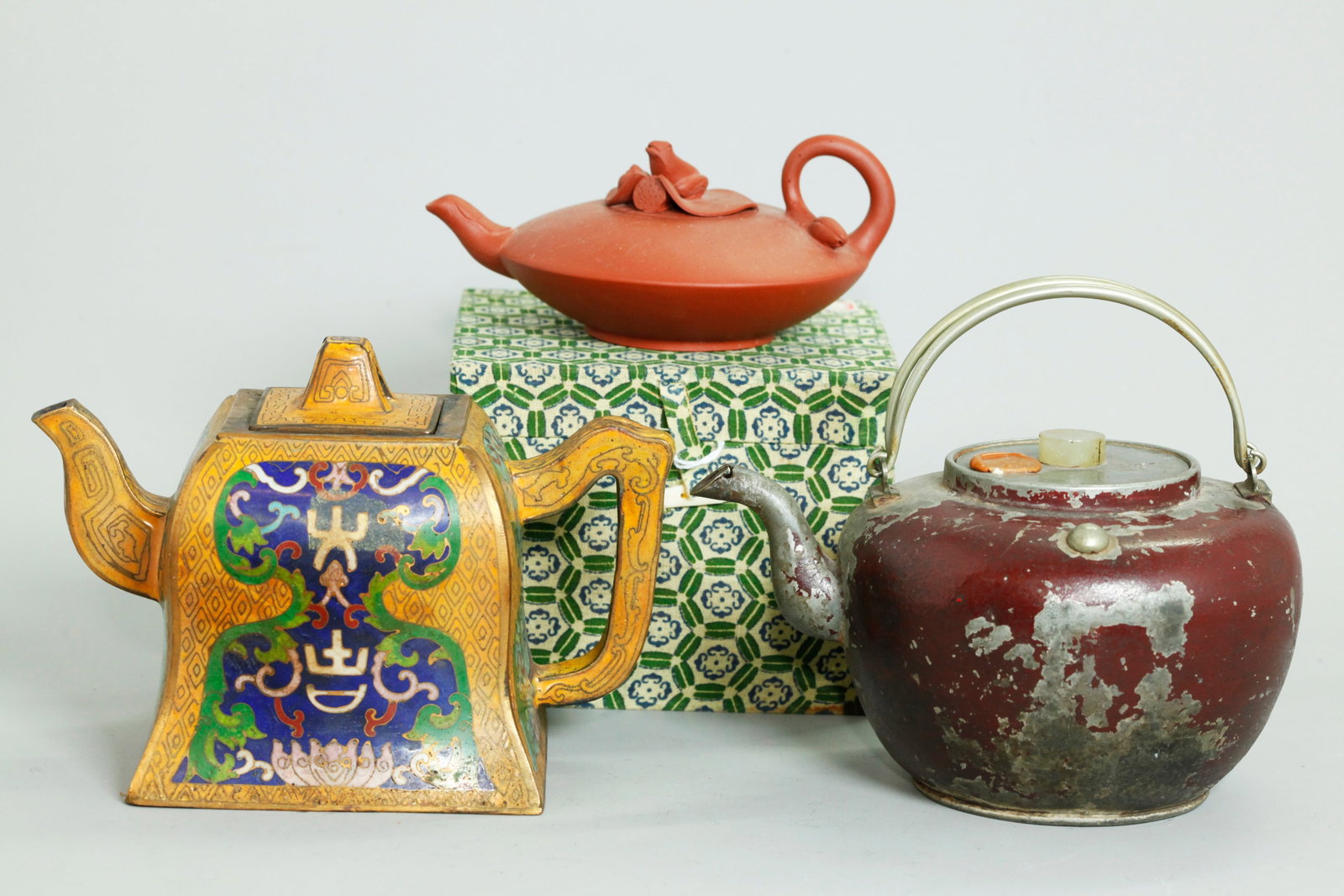 3 Chinese Teapots Bronze Cloisonne Pewter Zisha (1 of 6)