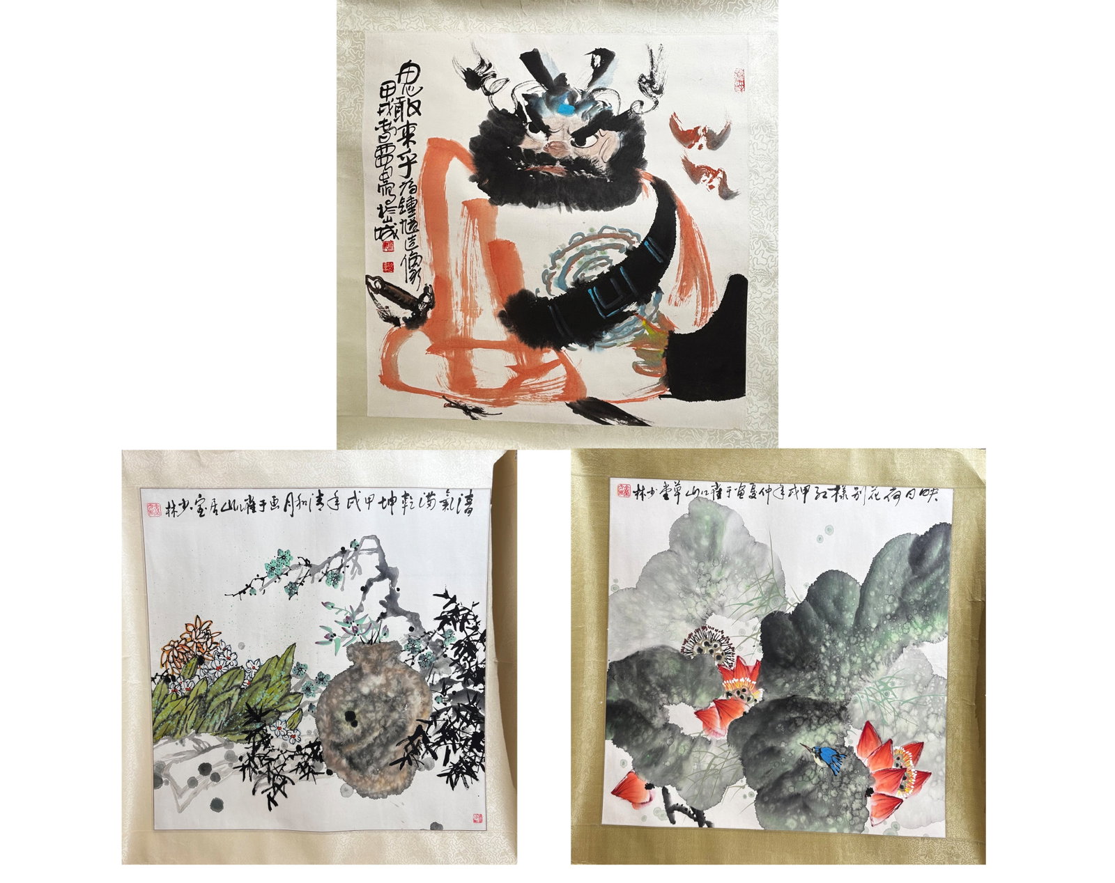 3 Chinese Ink & Color on Paper Paintings: Chinese Ink & Color on Paper Paintings each unframed with silk borders to edges; Kingfisher & Lotus with ink inscription across the top with 1 red seal; Garden Flowers & Jar with ink inscription acros