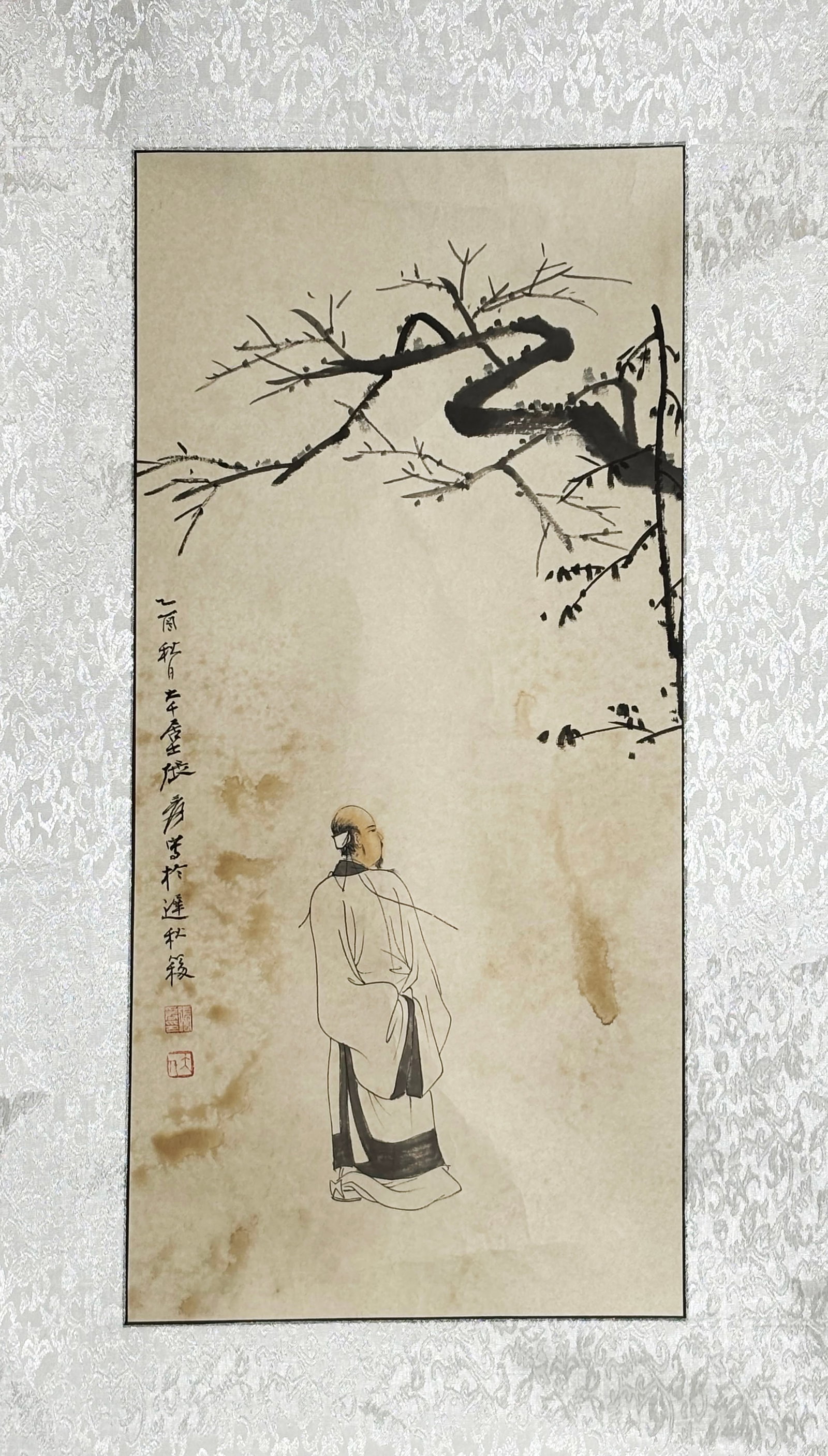 After Zhang Daqian Painting Scholar Plum Blossom: After Zhang Daqian Scholar Under Plum Blossom Branch, Ink and light color tint on paper, Traditional Chinese literati figure painting. Depicts an ancient robed scholar standing beneath gnarled bare pl