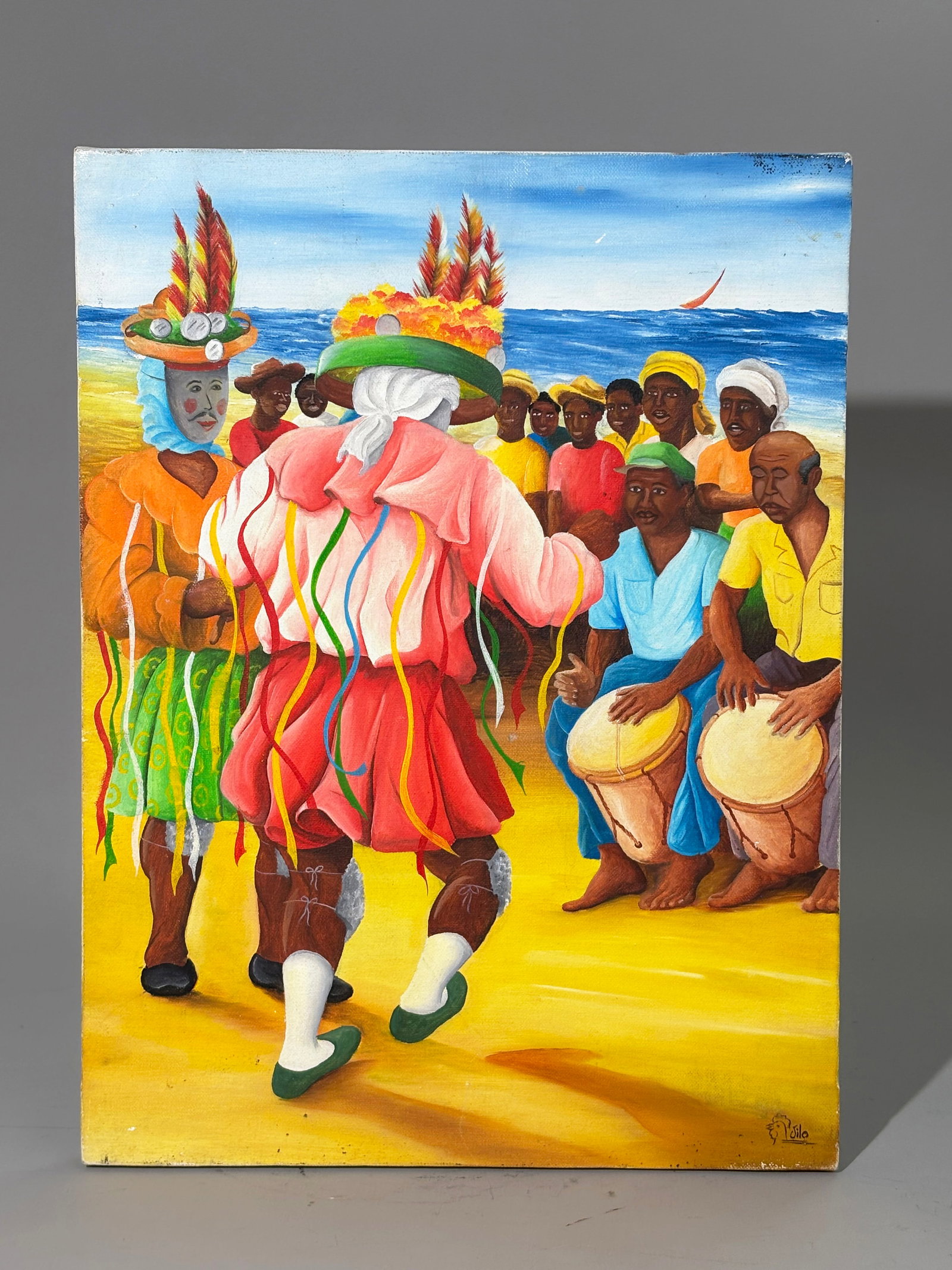 Jamaican Oil & Canvas Painting Jankunu Dance: Jamaican Style Painting on Canvas on stretcher of the Jankunu Dance; signed indistinctly with a rooster head "Jilo?" and to back with 95/NYC. Height 16 inches X width 12 inches. PROVENANCE: Purchased 