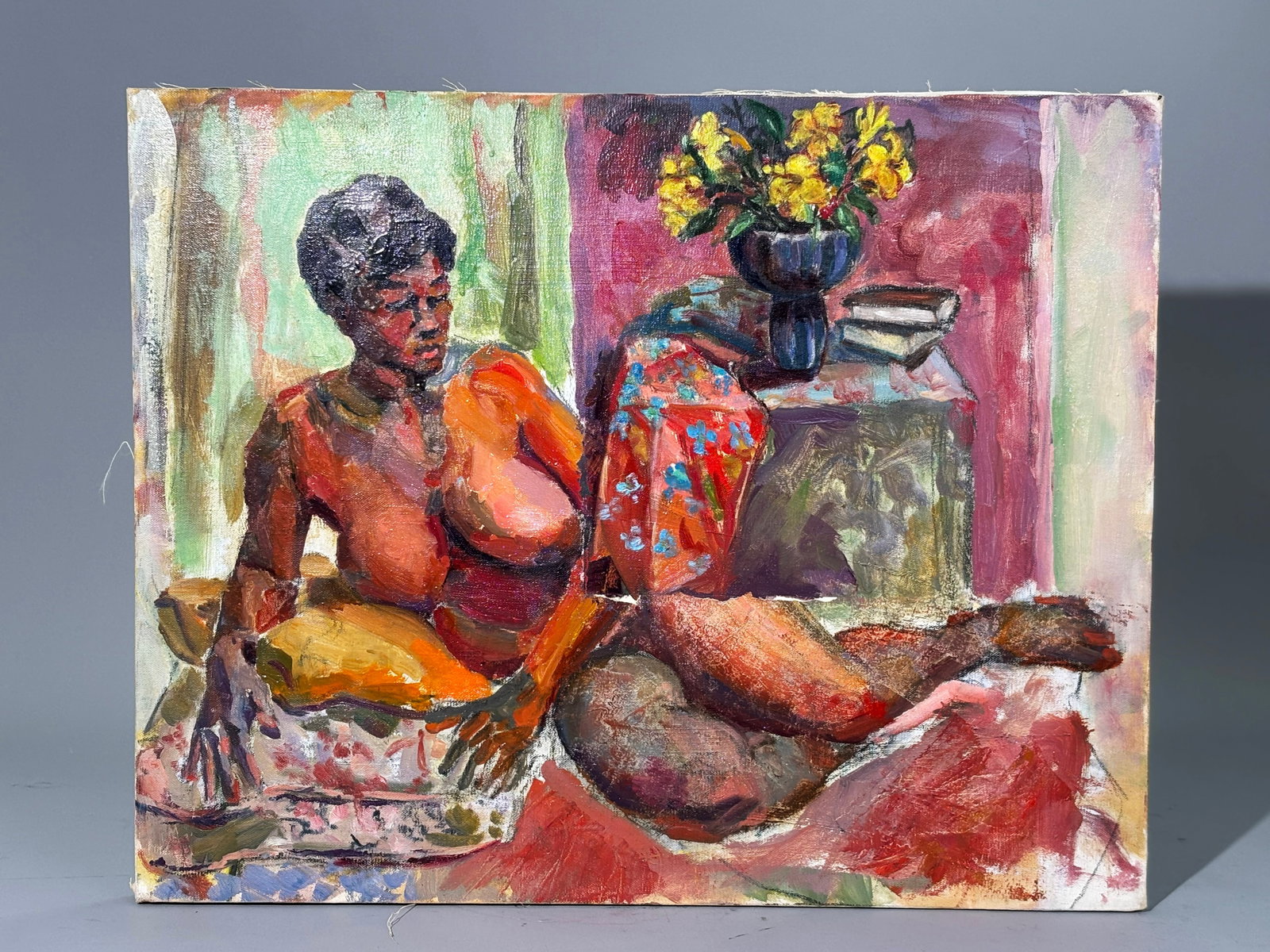 Colchamiro; Reclining Female Nude; Oil Canvas: Colchamiro; Reclining Female Nude & still life; Oil on Canvas on stretcher, possibly signed twice to stretcher, the painting possibly unfinished or 2 works together. Height 16 inches X width 20 inches