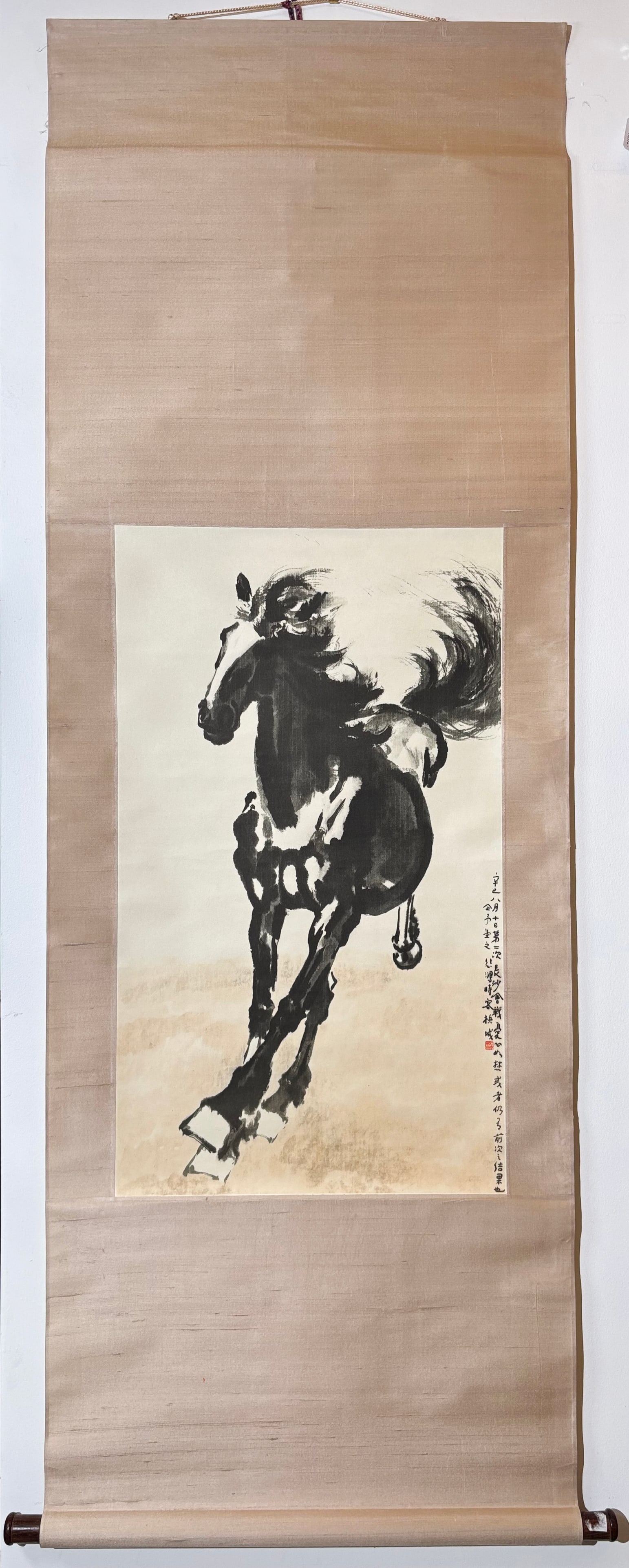 Xu Beihong Horse Lithographic Print Hanging Scroll: Xu Beihong Horse Lithographic Print Hanging Scroll with calligraphic inscription to lower right edge with seal; the outside end with inscribed label and seal.. Height of art 26 3/4 inches X width of a