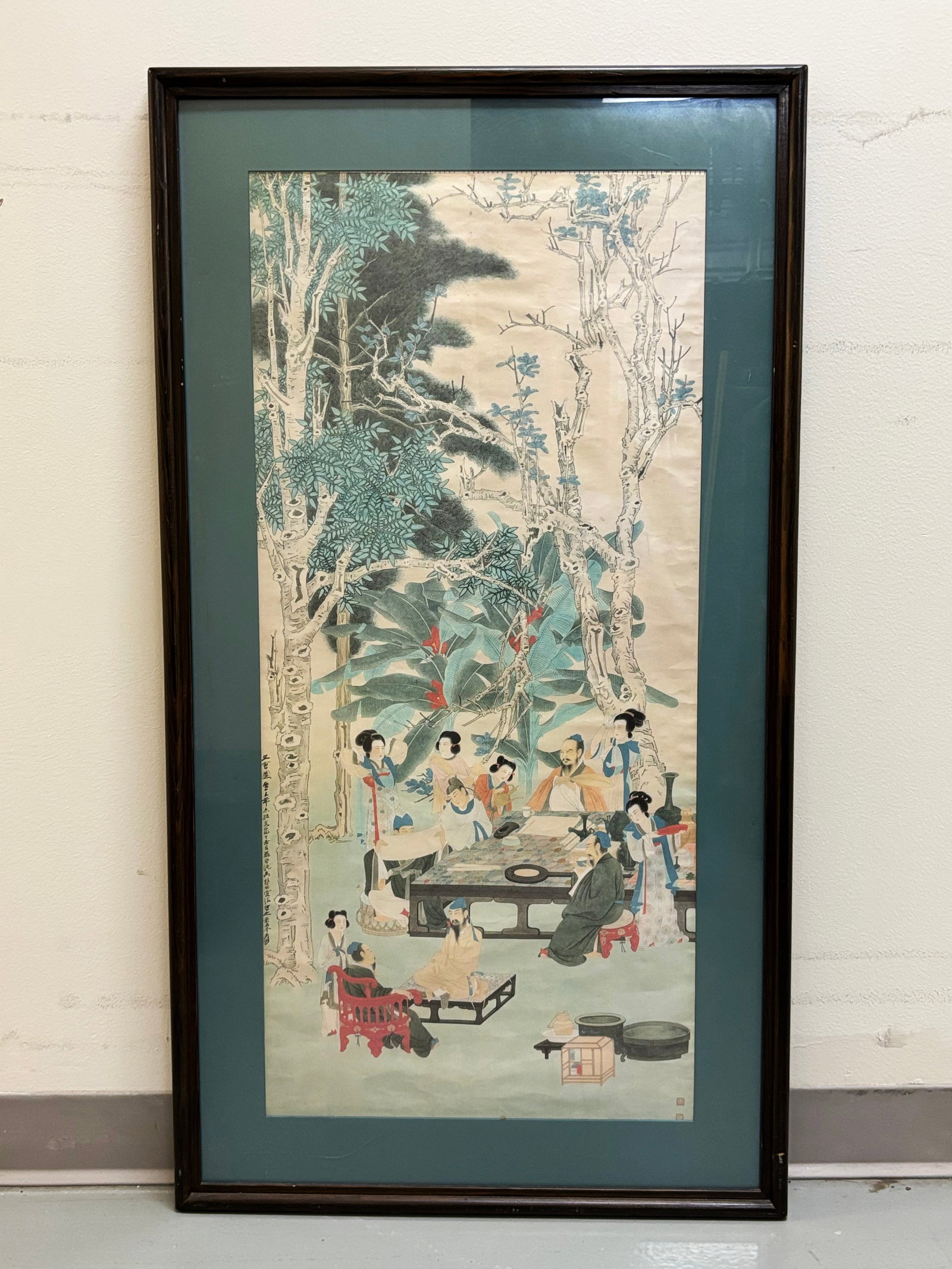 Chinese Color Print after Zhang Daqian, Framed: Chinese Color Print after Zhang Daqian, a Meeting of Scholars in a Garden, Framed. Height of frame 45 1/4 inches X width of frame 24 3/4 inches