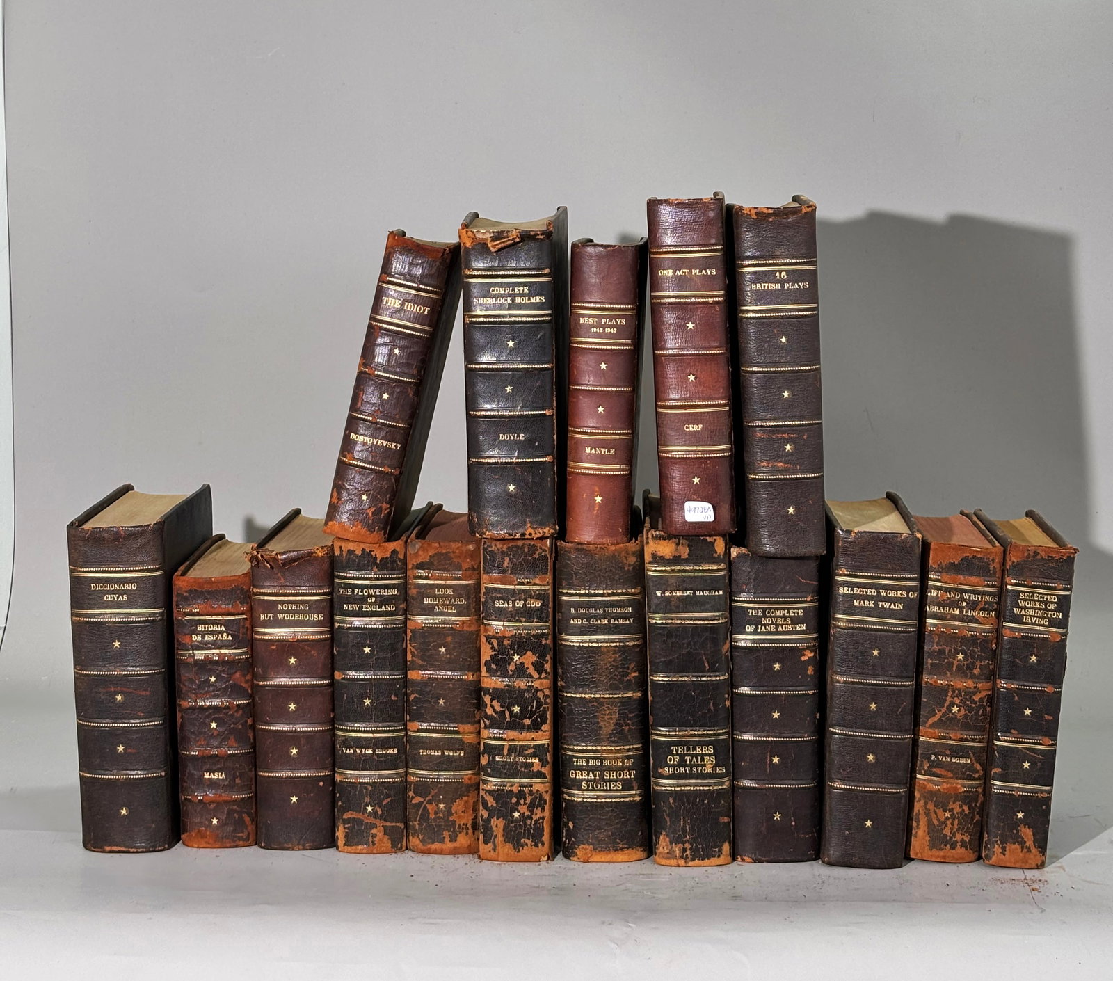 17 Volume Favorite Books Full Leather Bindings: 17 Assorted Volumes of original owner's Favorite Books, each in similar full Leather Bindings according to original dimensions: Complete Sherlock Holmes, Dostoyevsky's The Idiot, Selected Works of Was