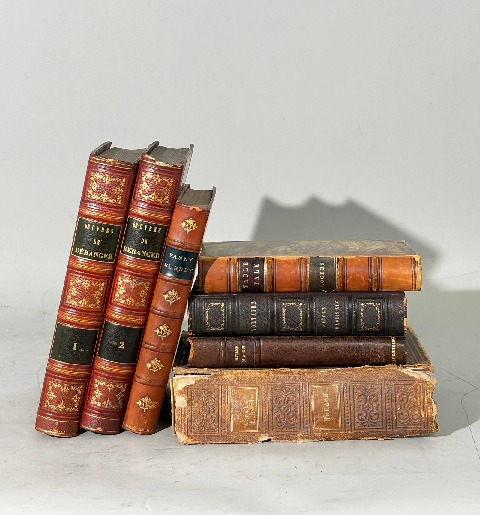 Beranger 1847 Fanny Burney Louis XIV Voltaire +3: 7 Books; P-J De Beranger Volume 1 & 2 of the 1847 Oeuvres Completes profusely copper plate illustrated in good half-leather & marble paper bindings; Fanny Burney and Her Friends edited by LB Seeley wi