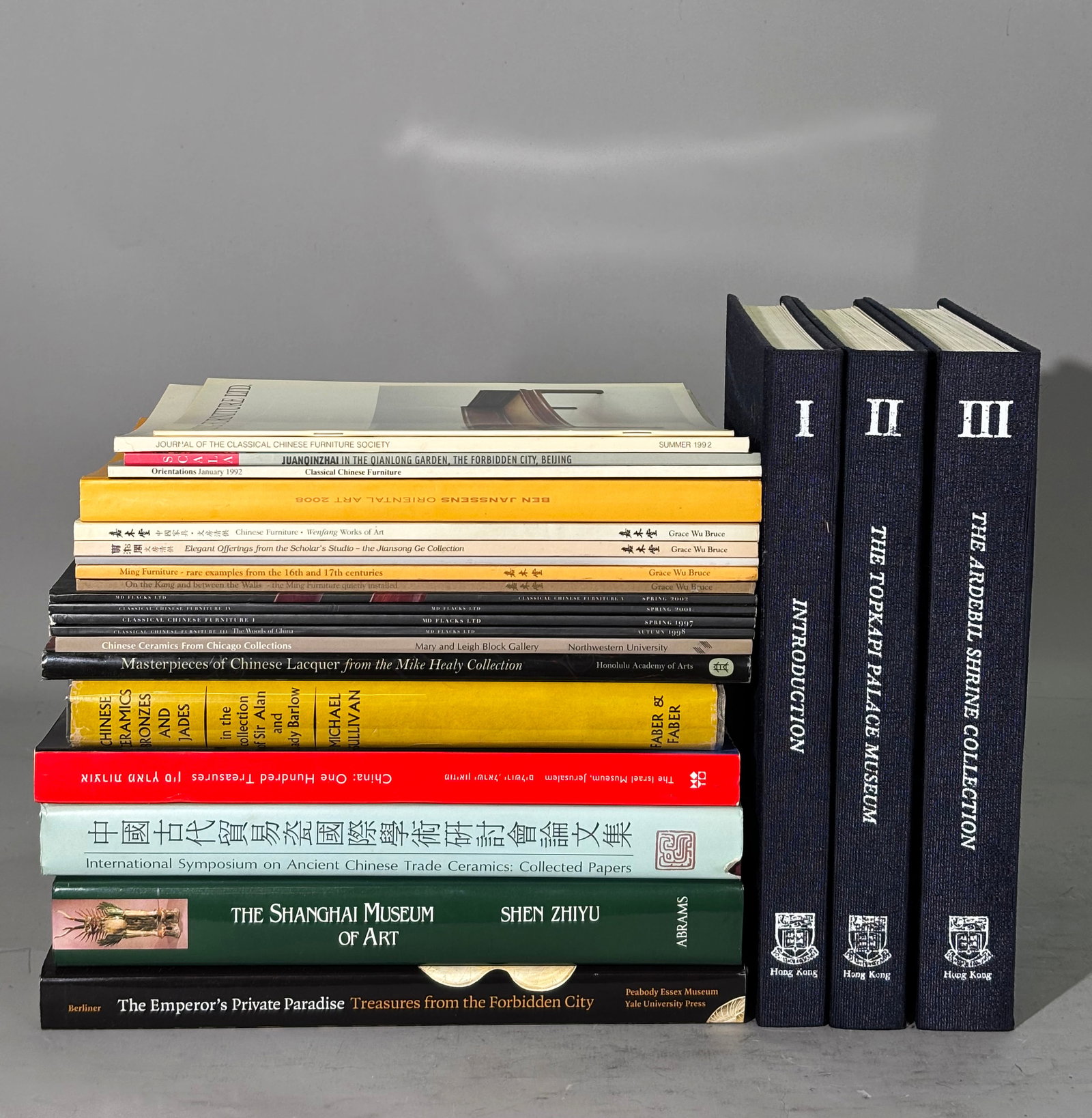 20+ Chinese Works Reference & Scholar Furniture: 10+ Chinese Works Of Art Reference including Topkapi Palace Ardebil Shrine. Barlow Collection, Shanghai Museum, Chinese Trade Symposium, etc.; together with 10+ catalogues on Chinese Scholar's Furnitu