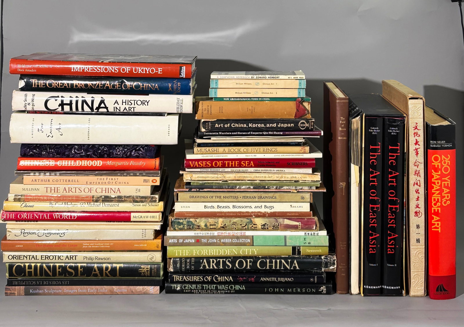 Collector Vintage 50+ Library Eastern Asian Arts: Collector's Vintage Library of 50+ books and catalogs on Japanese, Chinese, Indian, South East Asian Arts including a few on Persian Art; most profusely illustrated. See images of spines for individua