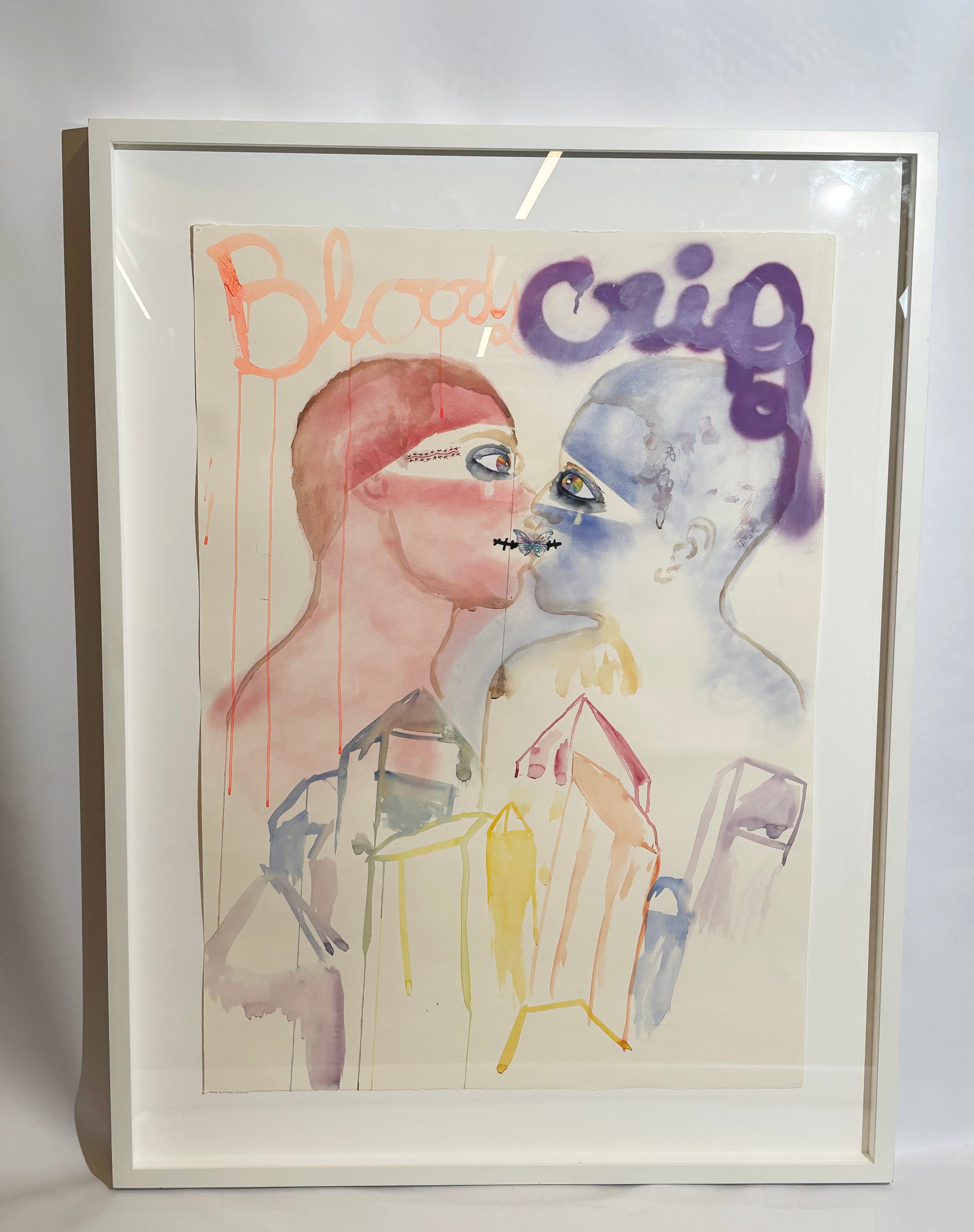 Bianca Casady; Bloods & Crips 2011 Color On Paper: Bianca Casady (b. Hawaii, 1982); "Bloods & Crips" 2011, watercolor, colored pencil, spray paint, decal butterfly and sparkle tears, all on paper; archivally framed with stretcher back and corrugated p
