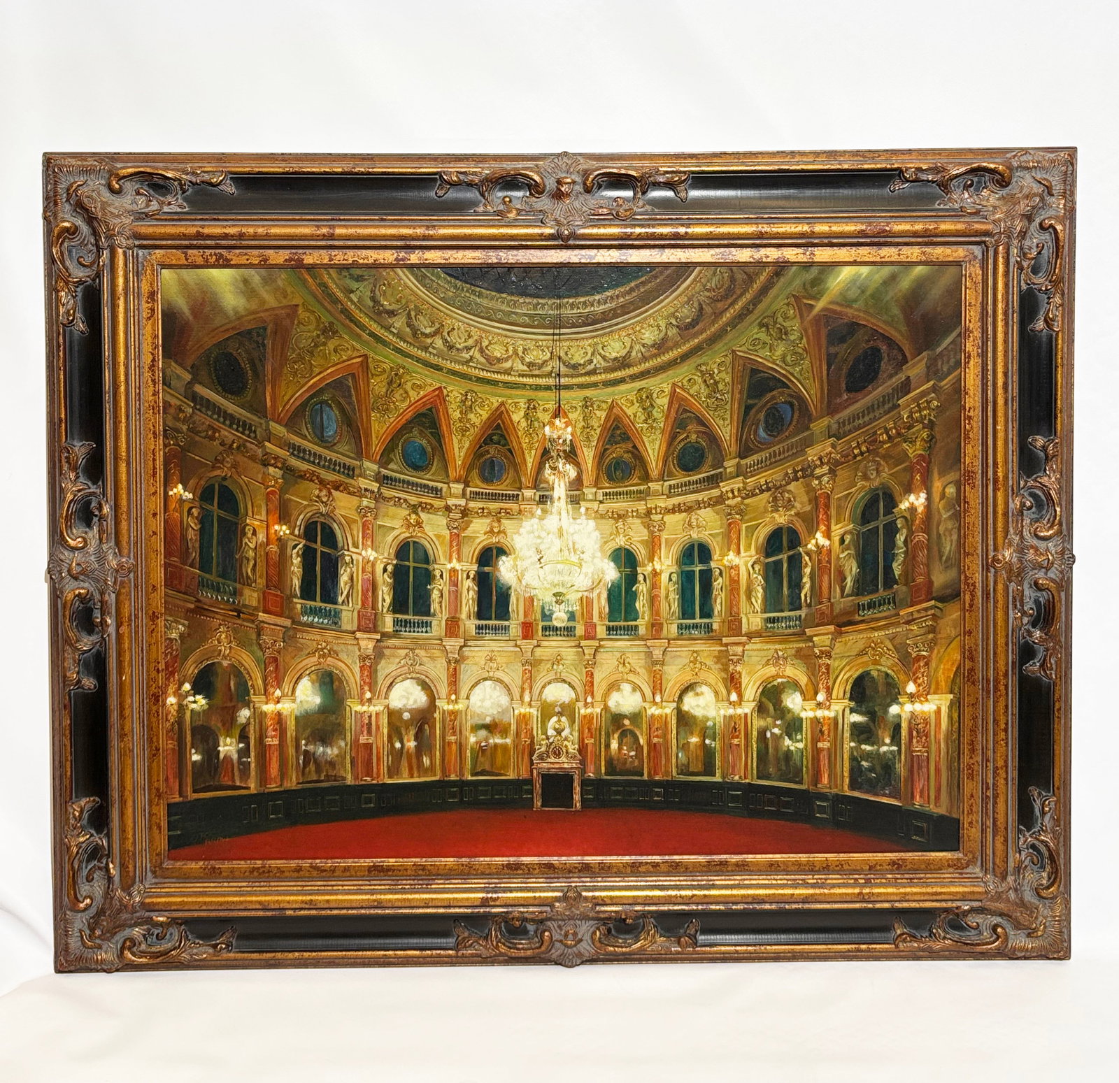 Jack Brown Oil Canvas Napoleon III Ballroom Paris: Oil or acrylic on Canvas on stretcher signed lower left corner recto, "Jack Brown" and framed; View of the famous French National Heritage Site, the Napoleon III Ballroom designed by Garnier known as 
