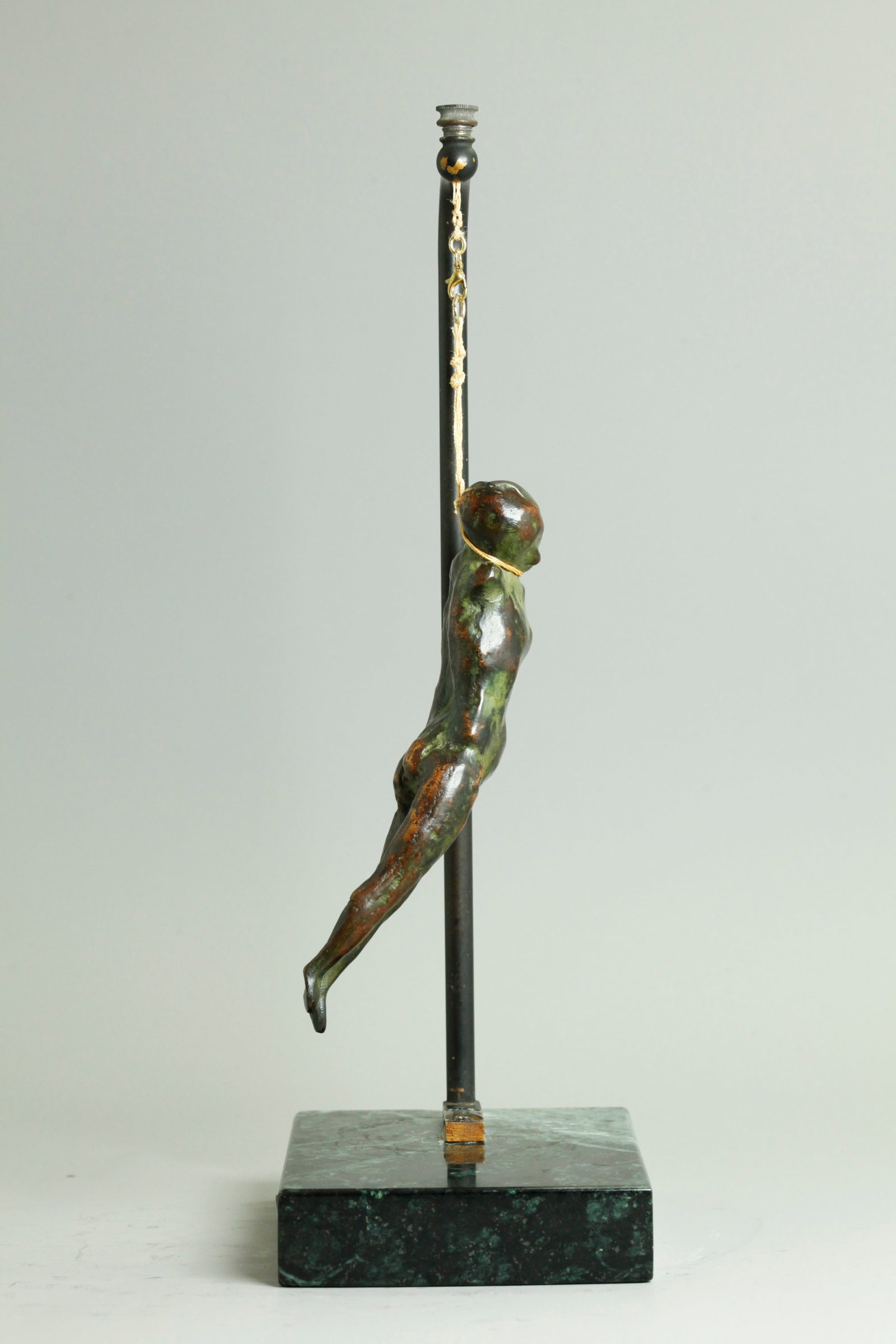 Leonard Baskin; Hanged Man Circa 1956: Leonard Baskin (USA, 1922-2000); "Hanged Man" circa 1956, Bronze with green to dark brown patina rubbed through to cast bronze surface, the neck tab without a tiny hole; from the edition of unknown si