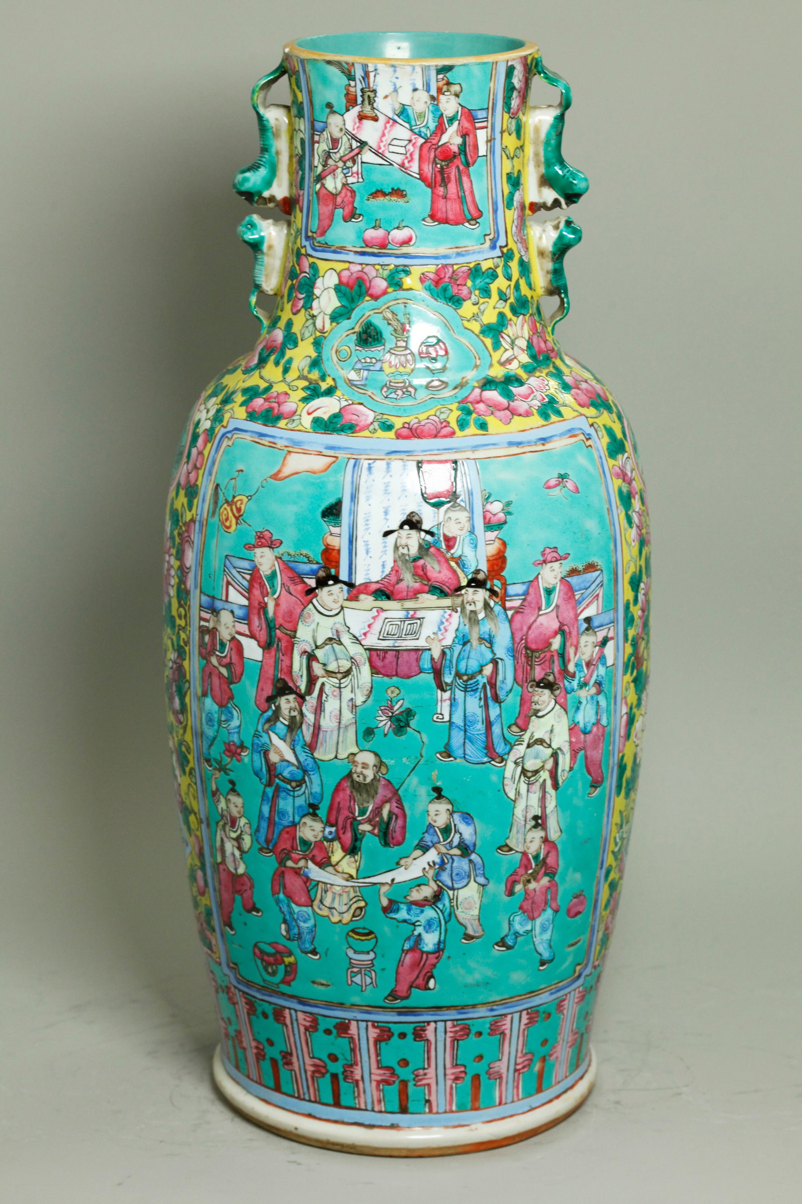 Chinese 19 C Famille Rose Enameled Porcelain Vase: Chinese 19th Century Famille Rose Enameled Porcelain Vase with a large panel to front and back with Court Activities with Officials, Boys, Scholars and auspicious objects all on a turquoise ground, th