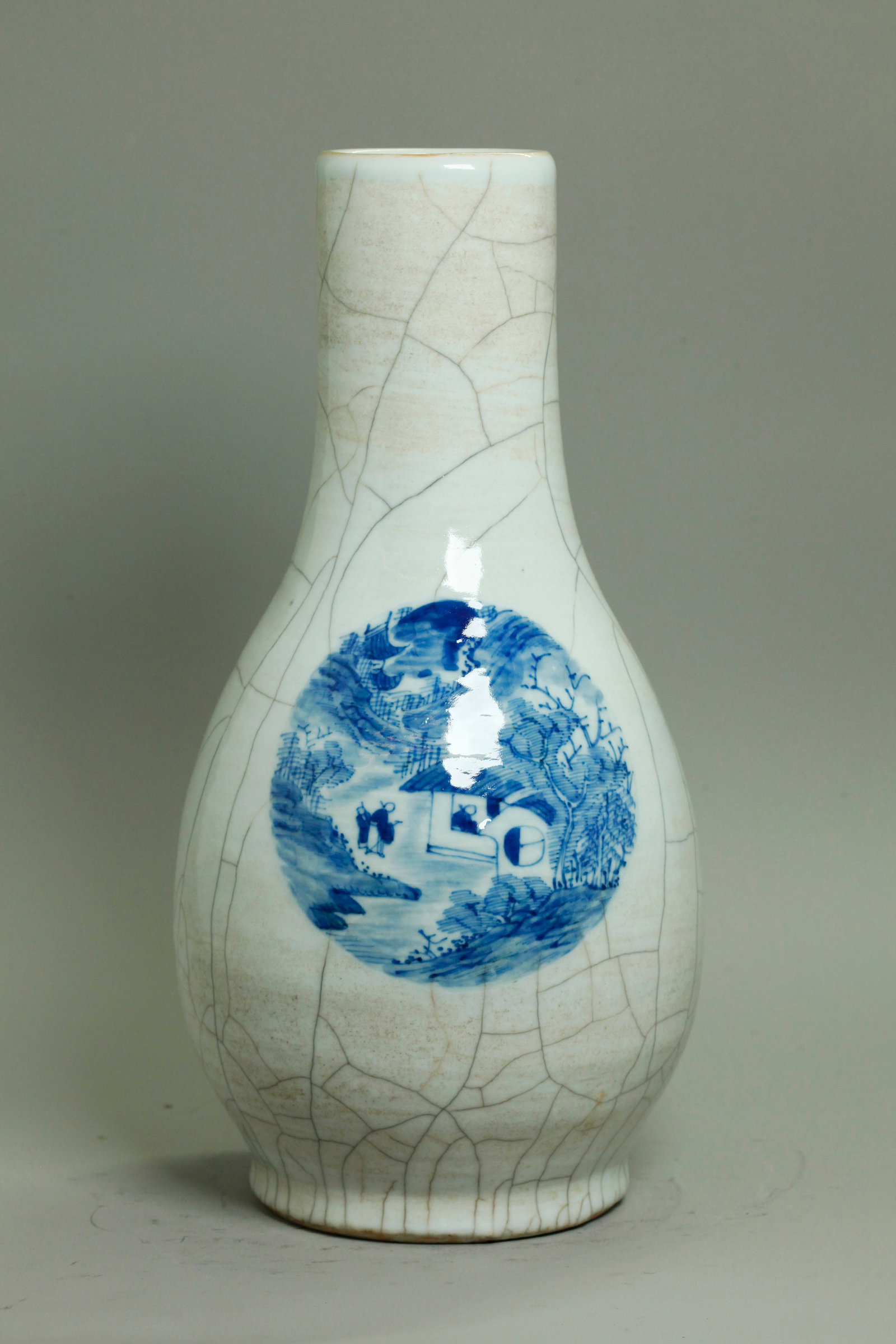 Good Chinese 19th C Blue & Crackle Porcelain Vase: Good Chinese 19th Century Blue & White over thick clear Crackle glazed Porcelain Bottle Vase, the front with a roundel of a fisherman in boat off an island with pavilion, the reverse with a Scholar & 