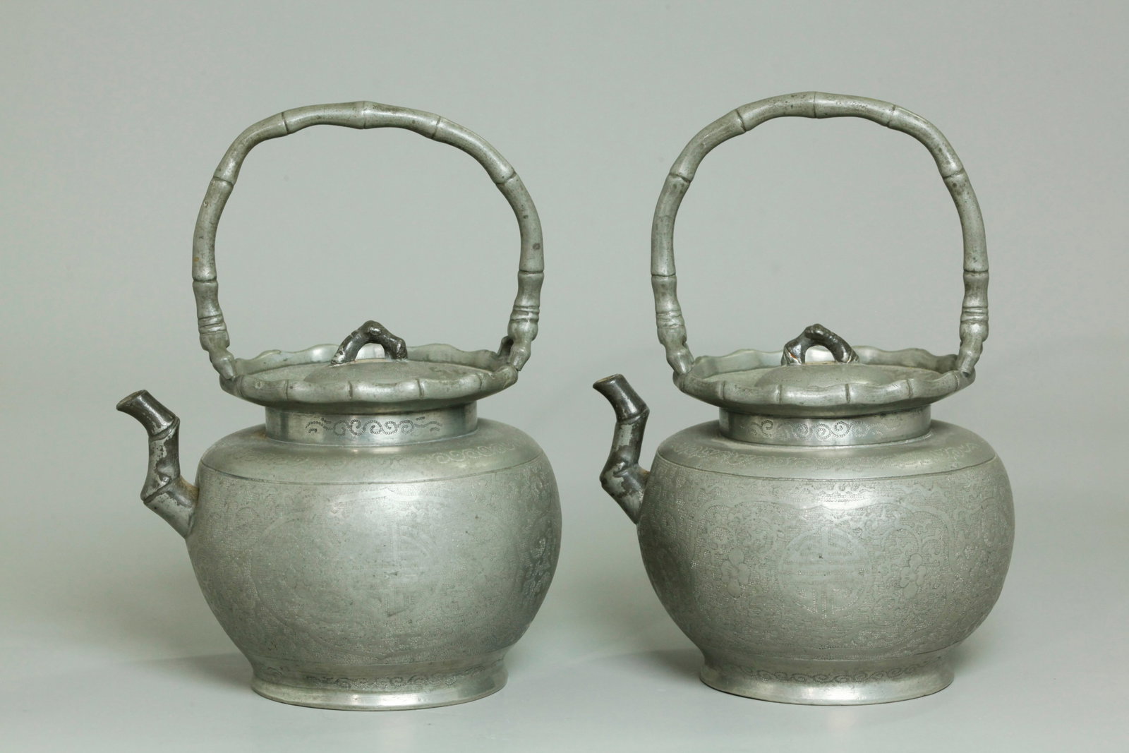 Pr Chinese Qing Incised Pewter Tea / Wine Pots (1 of 6)