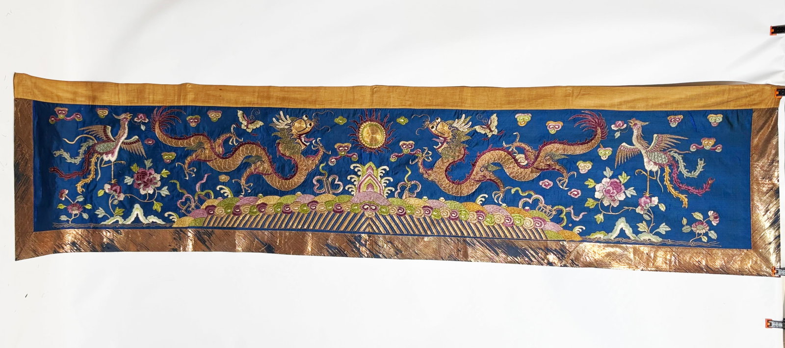 Chinese 19th C Gold 2 Dragons On Blue Silk Panel (1 of 6)
