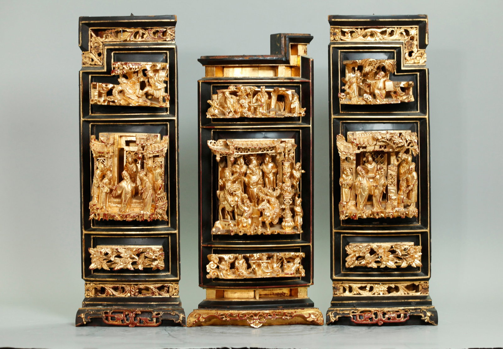 3 Chinese Black & Gold Lacquer Rounded Panels (1 of 6)