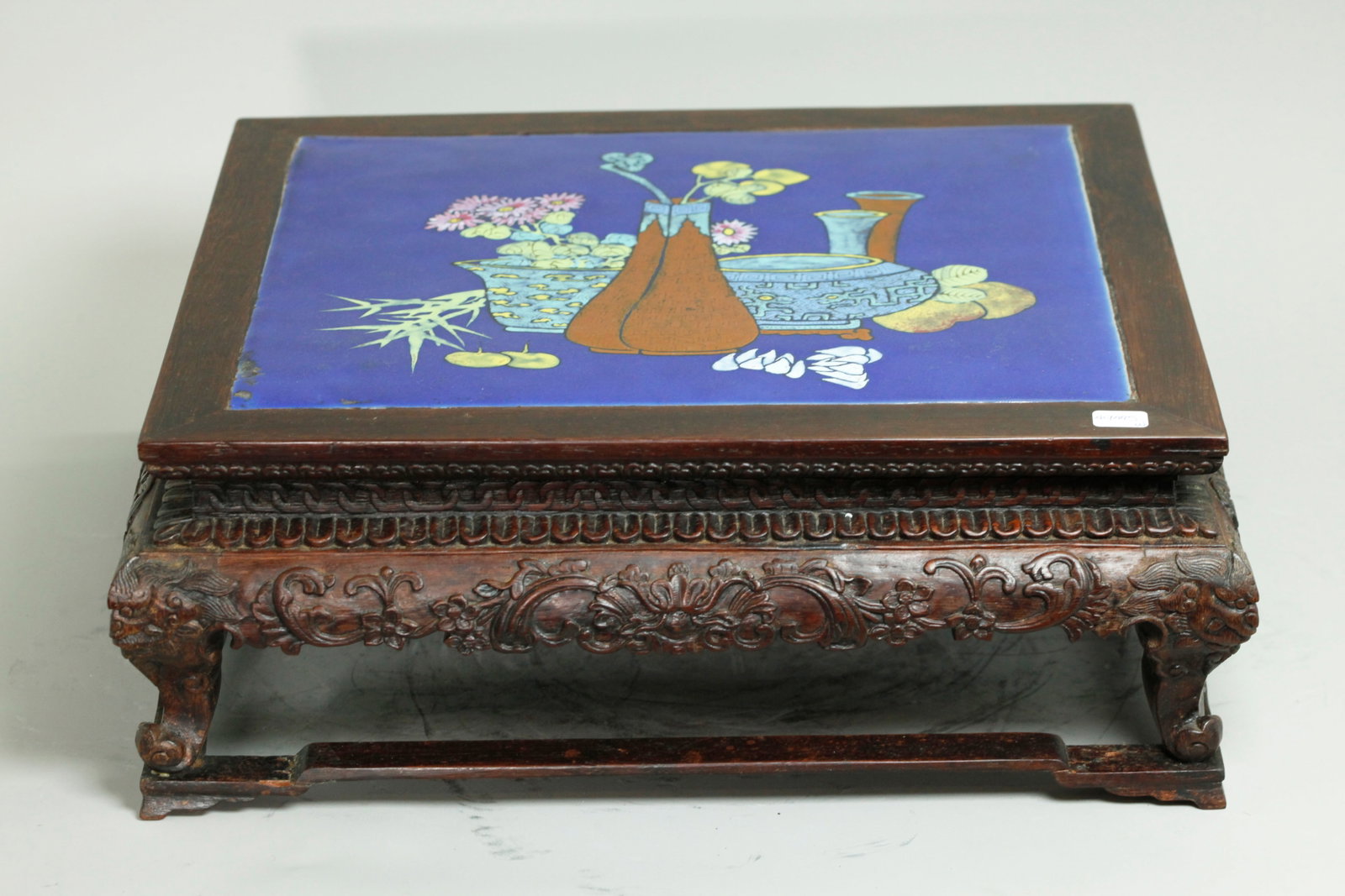 Fine Chinese 19C Porcelain & Hard Wood Desk Table: Fine Chinese 19th Century enameled cobalt blue glazed Porcelain rectangular plaque inset as the top to a beautifully carved Hard Wood Desk Table; the underglaze cobalt blue porcelain enameled with a s