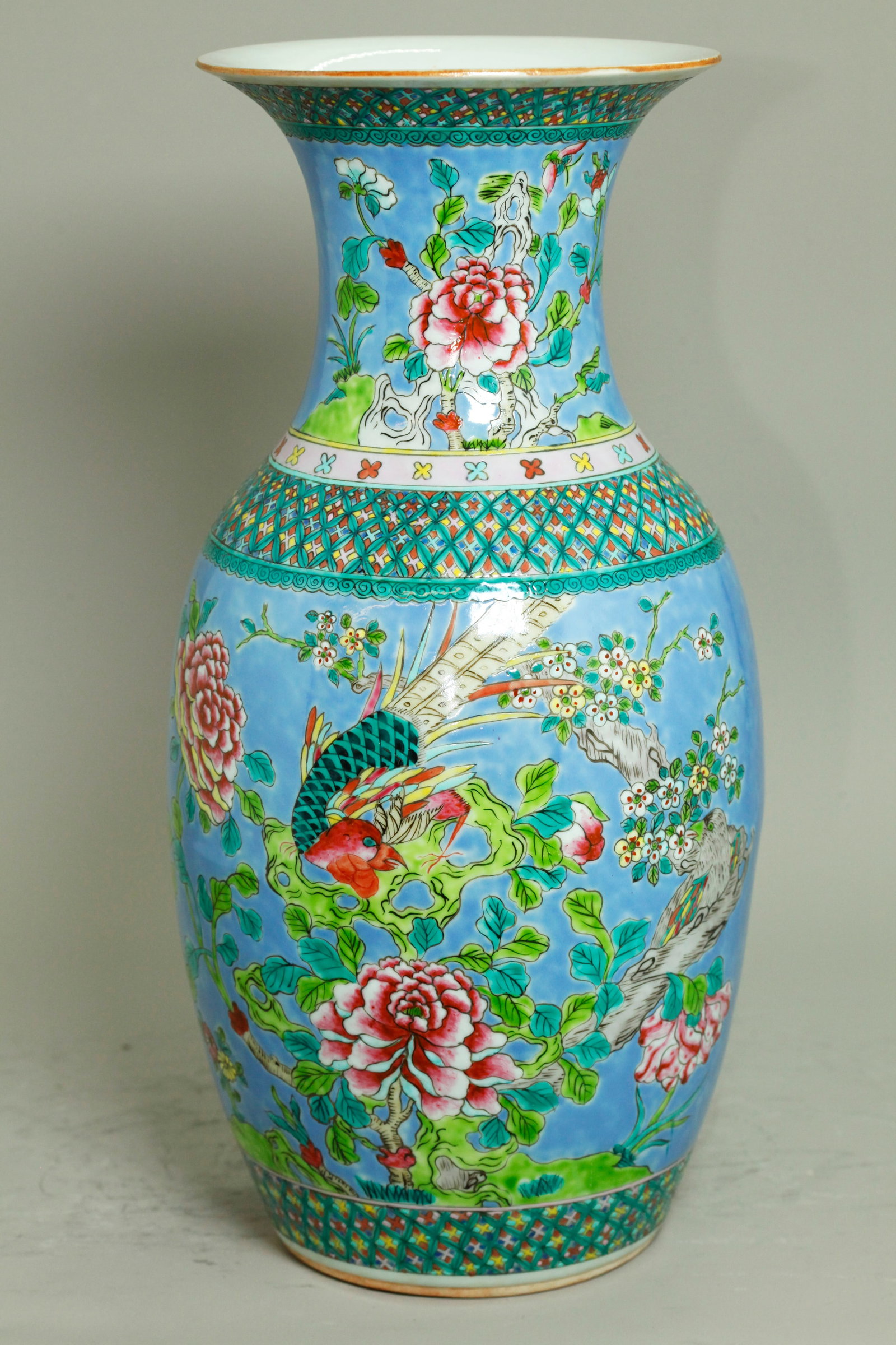 Chinese Famille Rose Enamel Porcelain Vase: Chinese Famille Rose Enamel Porcelain Vase; the front with a Phoenix Bird & Pigeon on a Garden Rock with tree and flowers, the reverse with a Phesant & Pigeon, all on a light blue enamel ground betwee