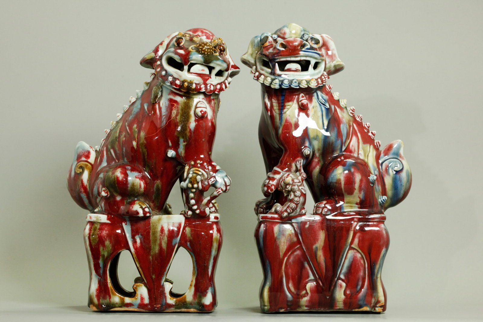 Pr Chinese Qing Red Blue Flambe Porcelain Fu Dogs (1 of 6)