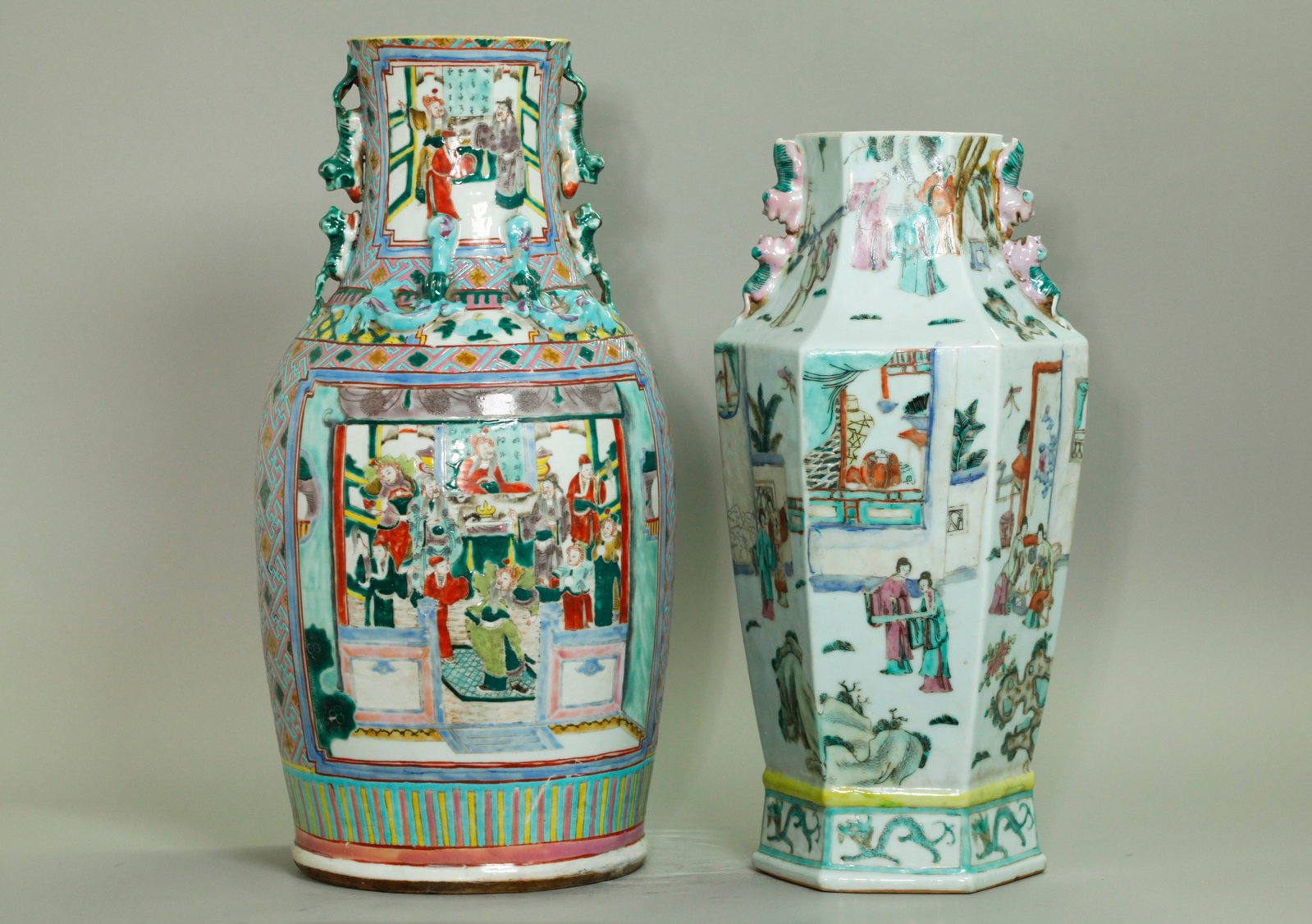 2 Chinese 19C Famille Rose Enamel Porcelain Vases: 2 Chinese 19th Century Famille Rose Enameled Porcelain Vases; the larger in rounded form with pairs of Fu Dog & Ball Handles in turquoise green enamel to the neck, the shoulders with pairs of facing
