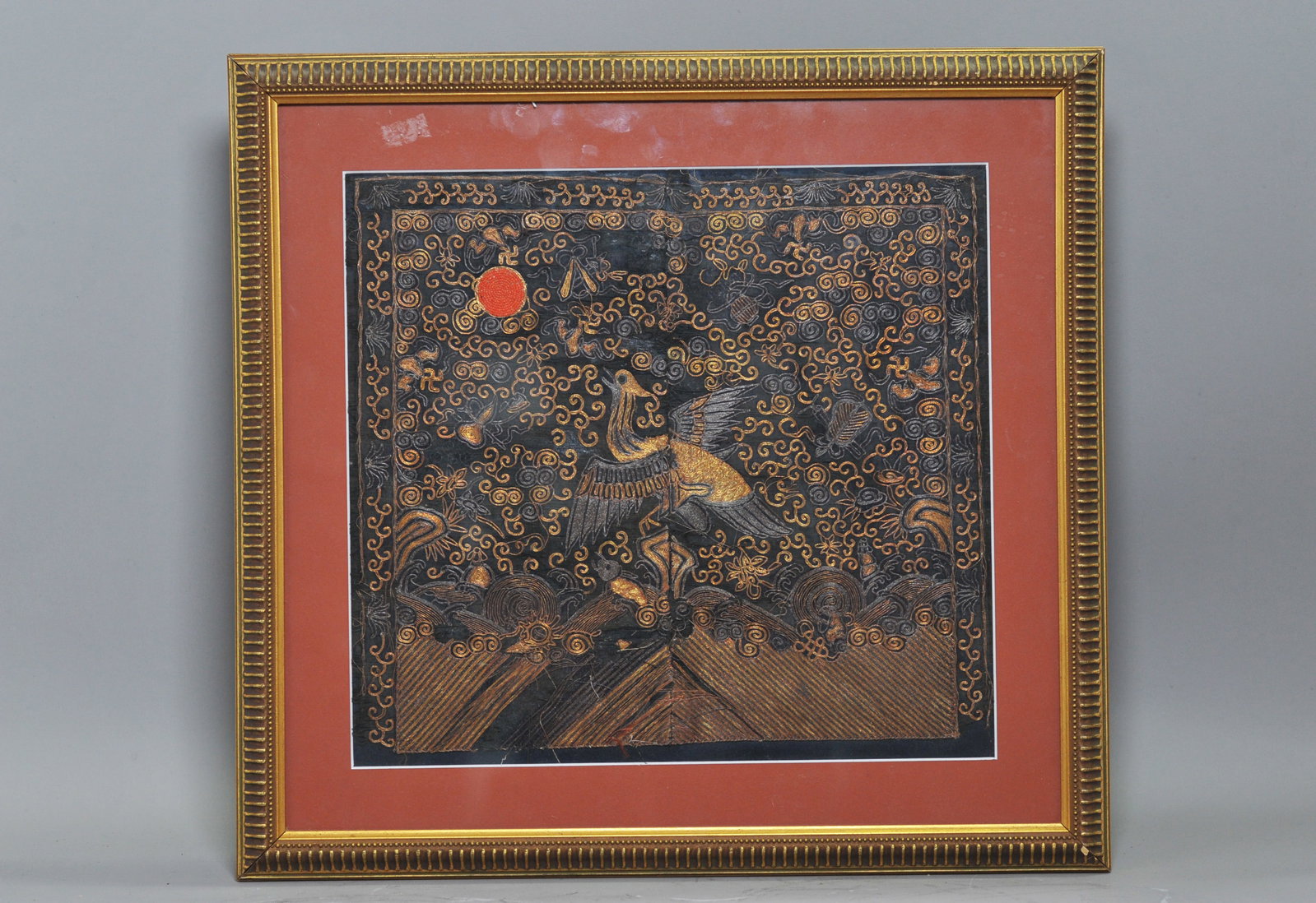 Chinese Qing Civil Court Front Rank Badge: Chinese Qing Dynasty Civil Court Front Rank Badge with vertical seam entirely composed of laid gold or silver wrapped threads and with a Sun of tiny coral beads. Height of art 11 1/2 inches X width 12