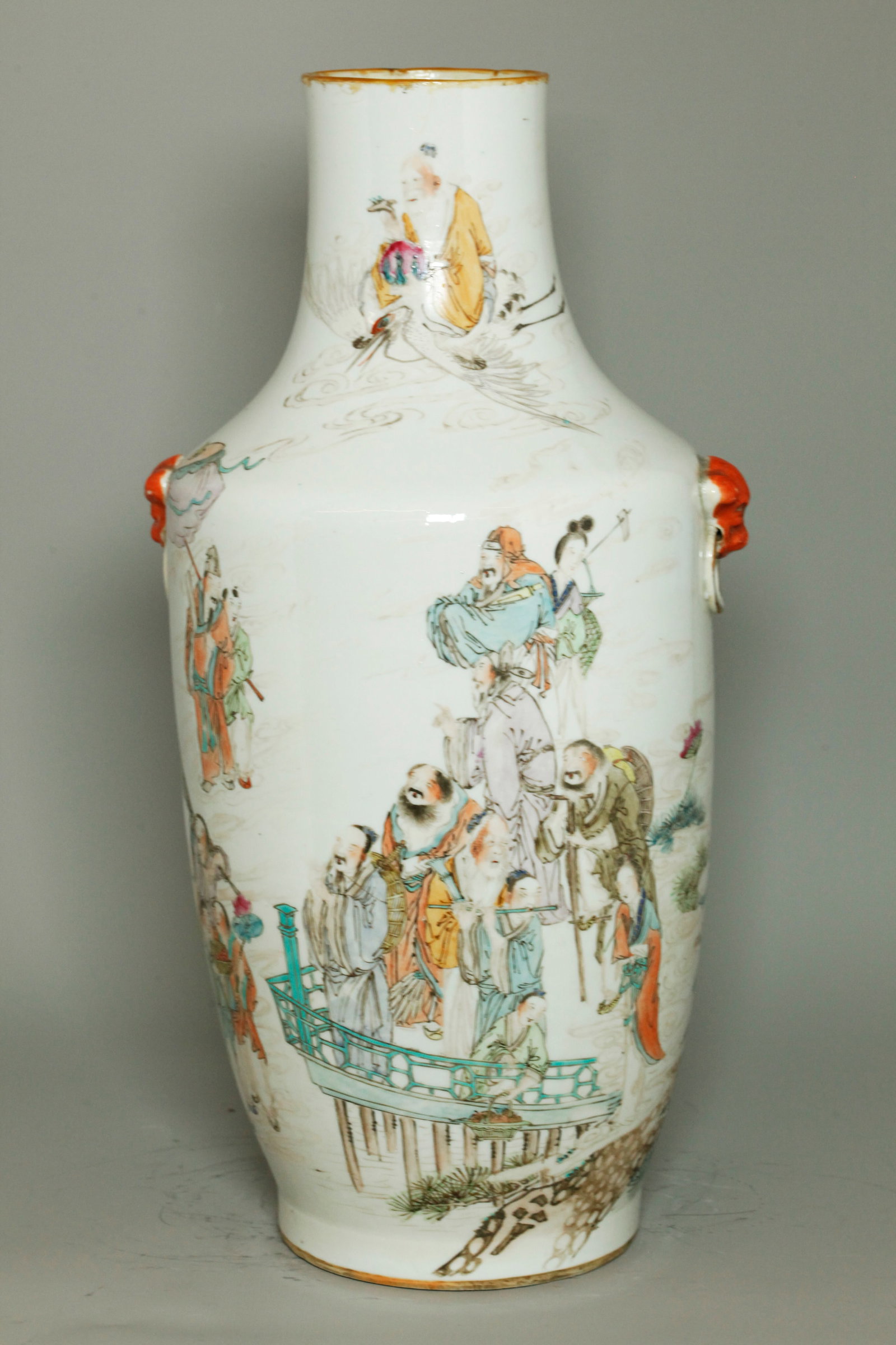 Chinese 19 C Enamel Porcelain Immortals Vase: Chinese 19th Century Artist Enameled Porcelain Vase decorated to front with Immortals appearing to an Official with assistant holding canopy; including the Baxian, HeHe Erxian, etc on a terrace in the