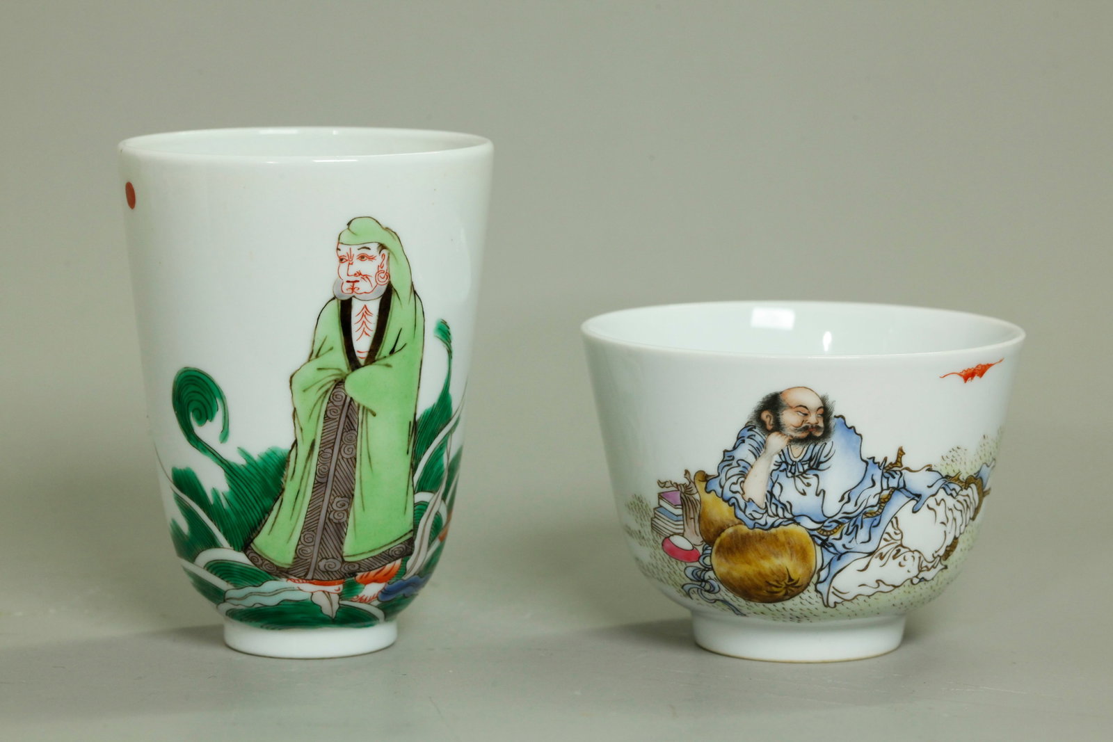 Chinese Damo & Li Tieguai Enameled Porcelain Cups (1 of 6)