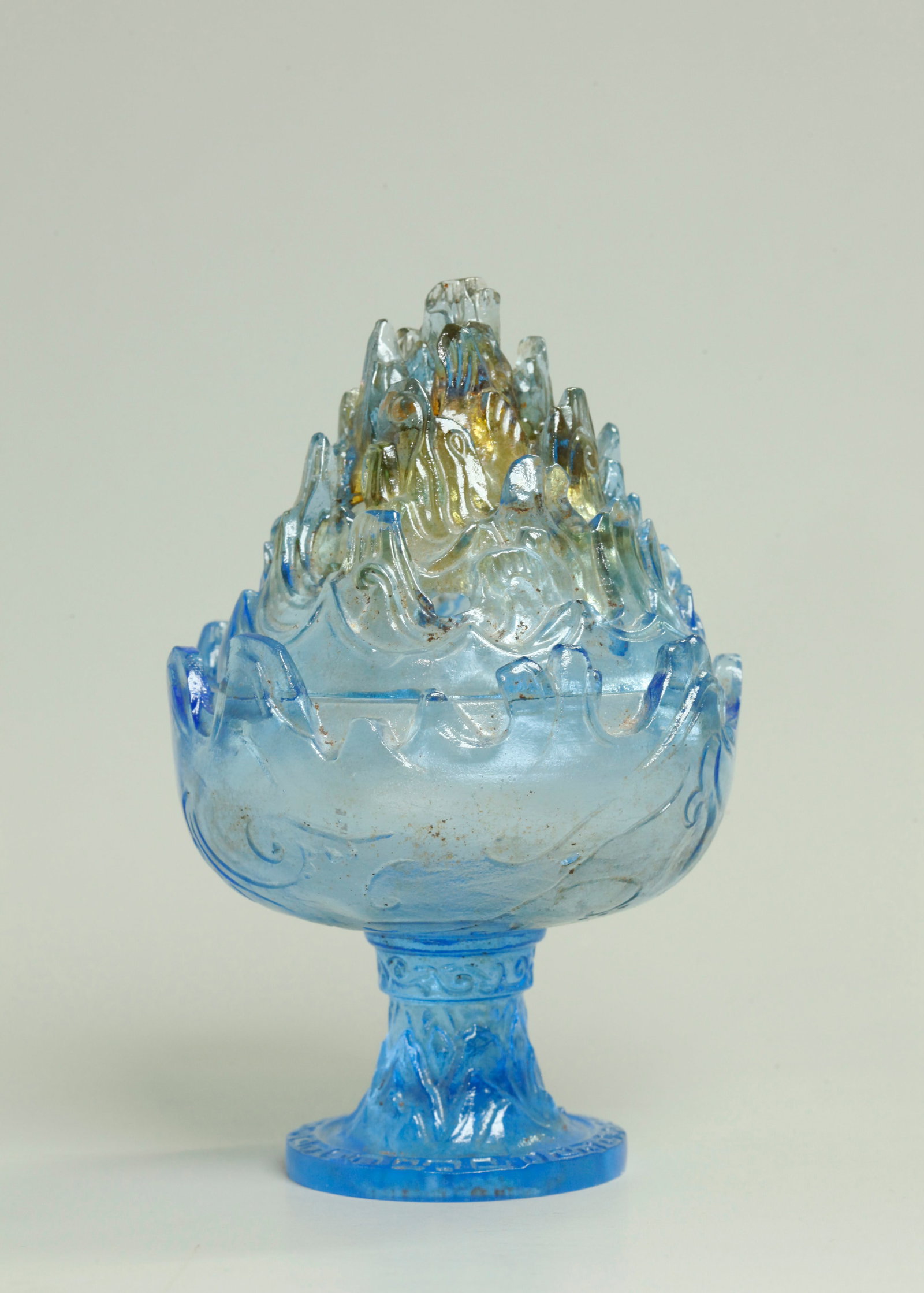 Chinese Pate De Verre Liuli Glass Mountain Censer: Chinese Pate De Verre Liuli Fused Glass Mountain Censer in textured light translucent blue glass, the cover shaped as mountain peaks pierced for escaping incense, fitted over a Wave bowl with high