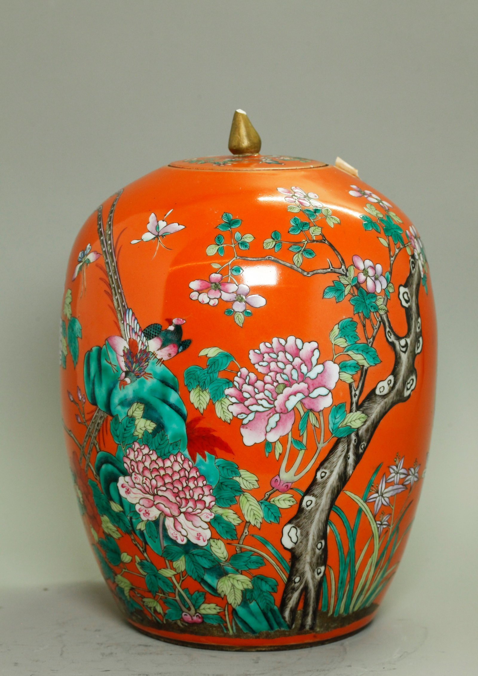 Lg Chinese Qing Coral Enamel Porcelain Gourd Jar (1 of 5)