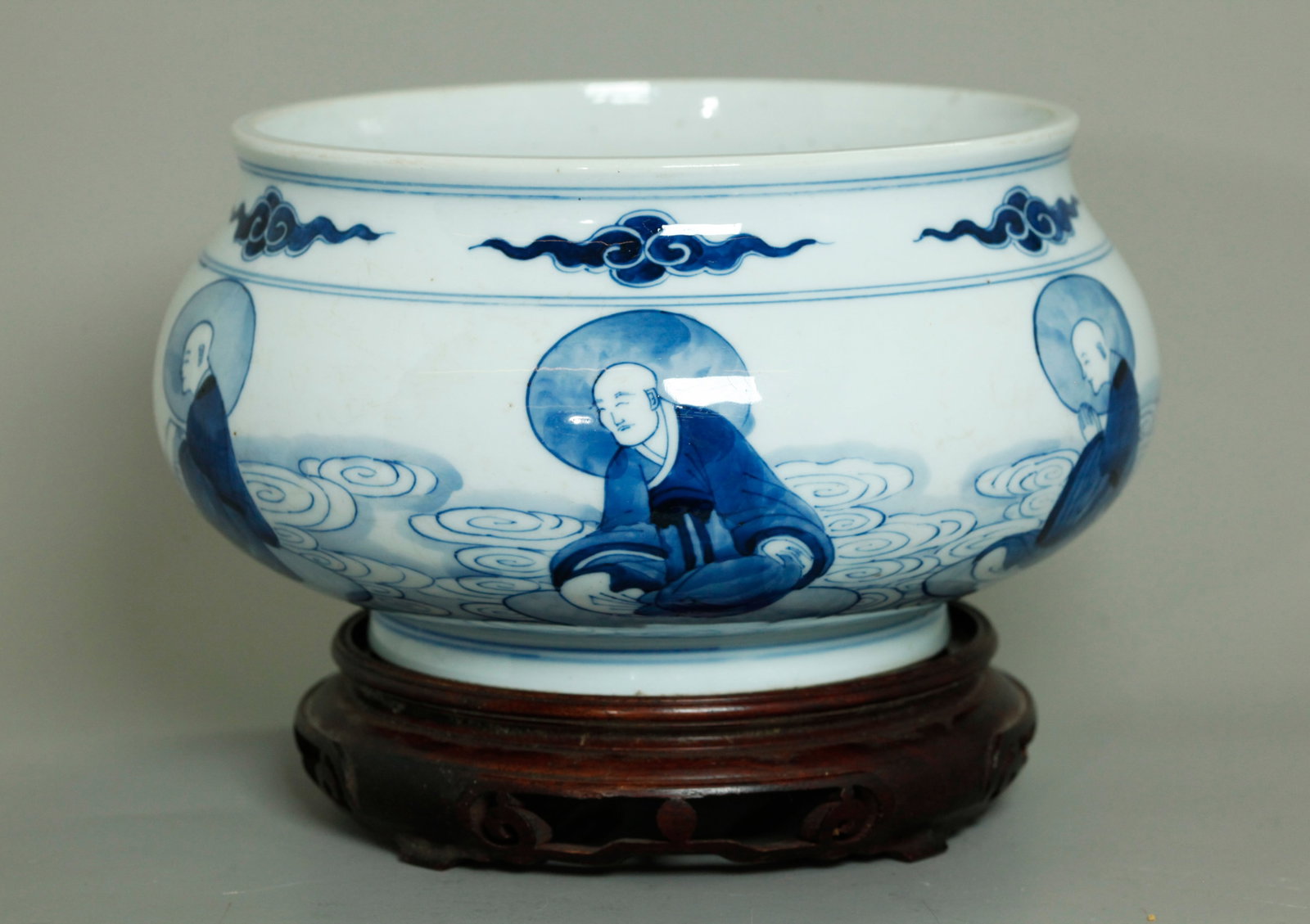 Chinese Blue White Porcelain Round 6 Lohan Censer (1 of 5)