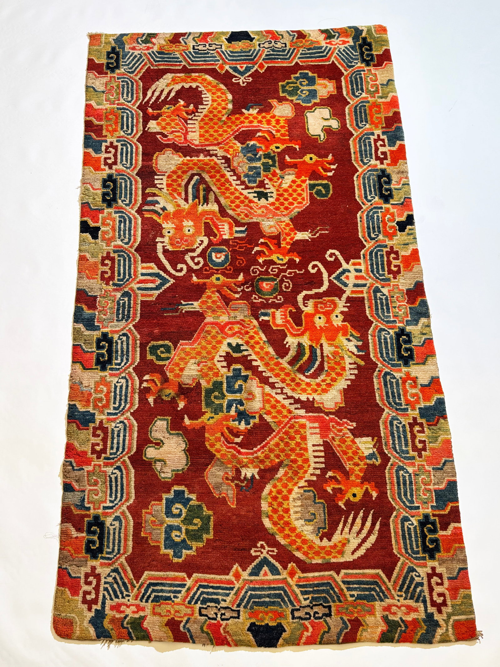 Tibetan Archaistic Double Dragon Wool Carpet (1 of 6)
