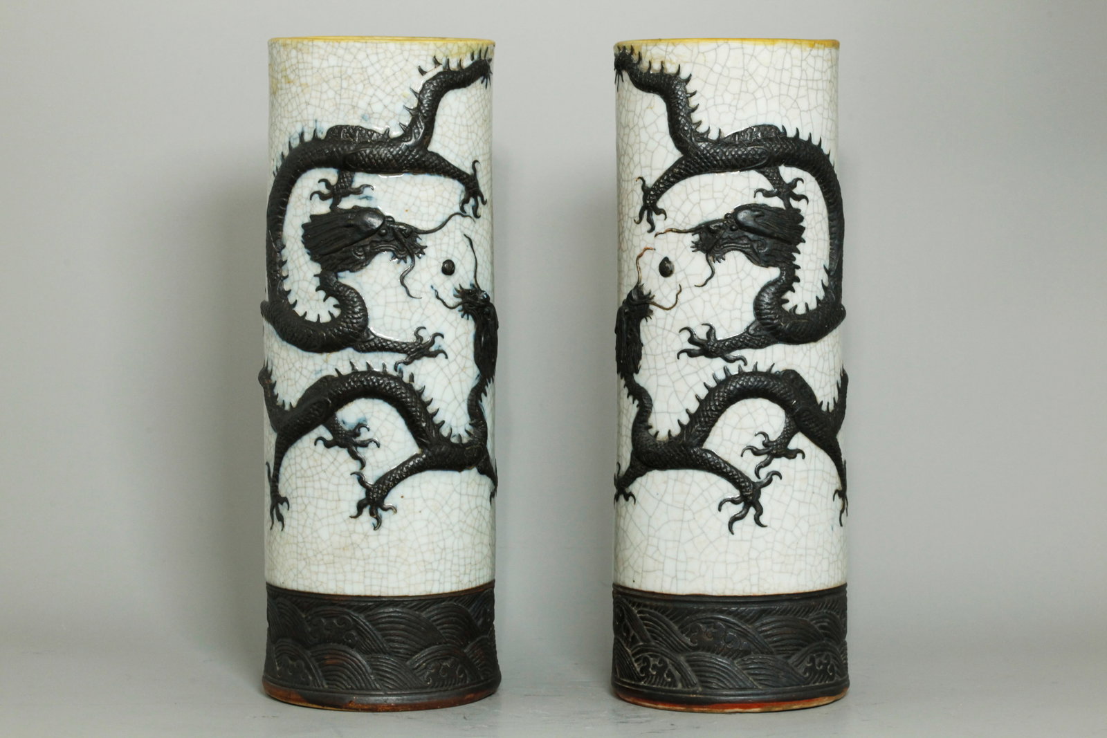 Mirror Pr Chinese Crackle & Brown Porcelain Vases: Mirror Pr Chinese clear & stained Crackle glaze with unglazed Brown slip Porcelain tube Vases, each with a pair of opposing 4-claw Dragons with flaming pearl between them, a Crane to the reverse and a