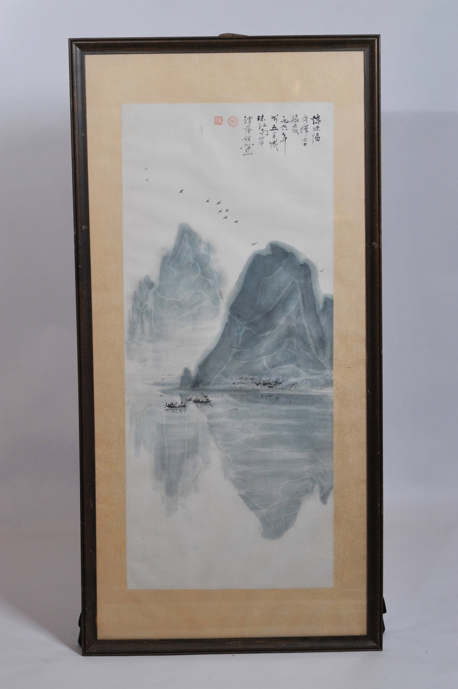 Chinese Ink Landscape Painting, Framed: Framed Chinese ink landscape painting, pearl river scenery, Vertical ink-and colour on paper, depicting the iconic karst peaks of the pearl river with fishing boats and flying birds. bearing artist's 