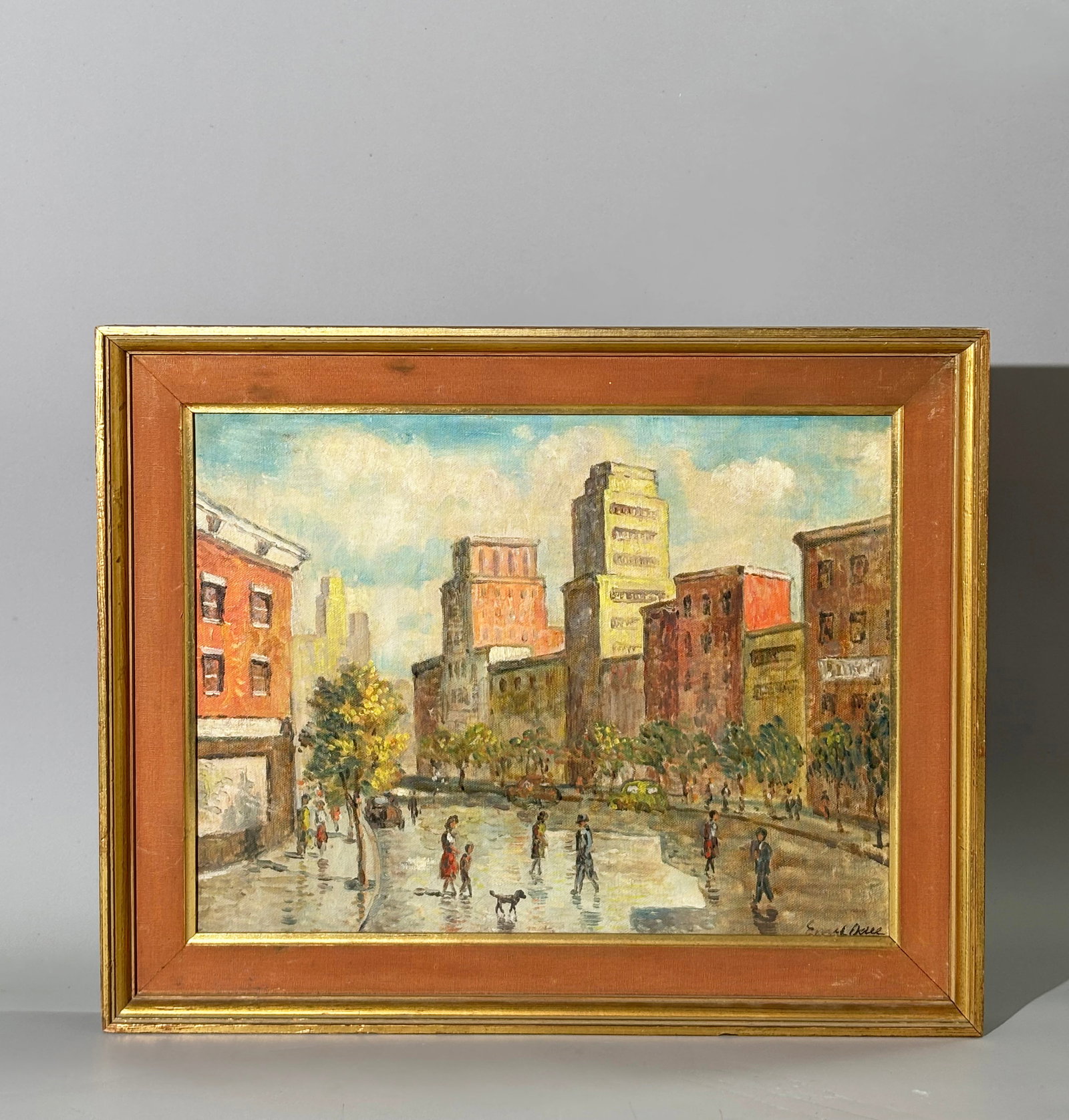 American City Curved Street Scene Oil Canvas Board: Oil Canvas Board signed indistinctly, probably a mid 20th Century East Coast curved wide Street Scene; framed to edges of board. Height of art 11 3/4 inches X width 15 1/2 inches.
