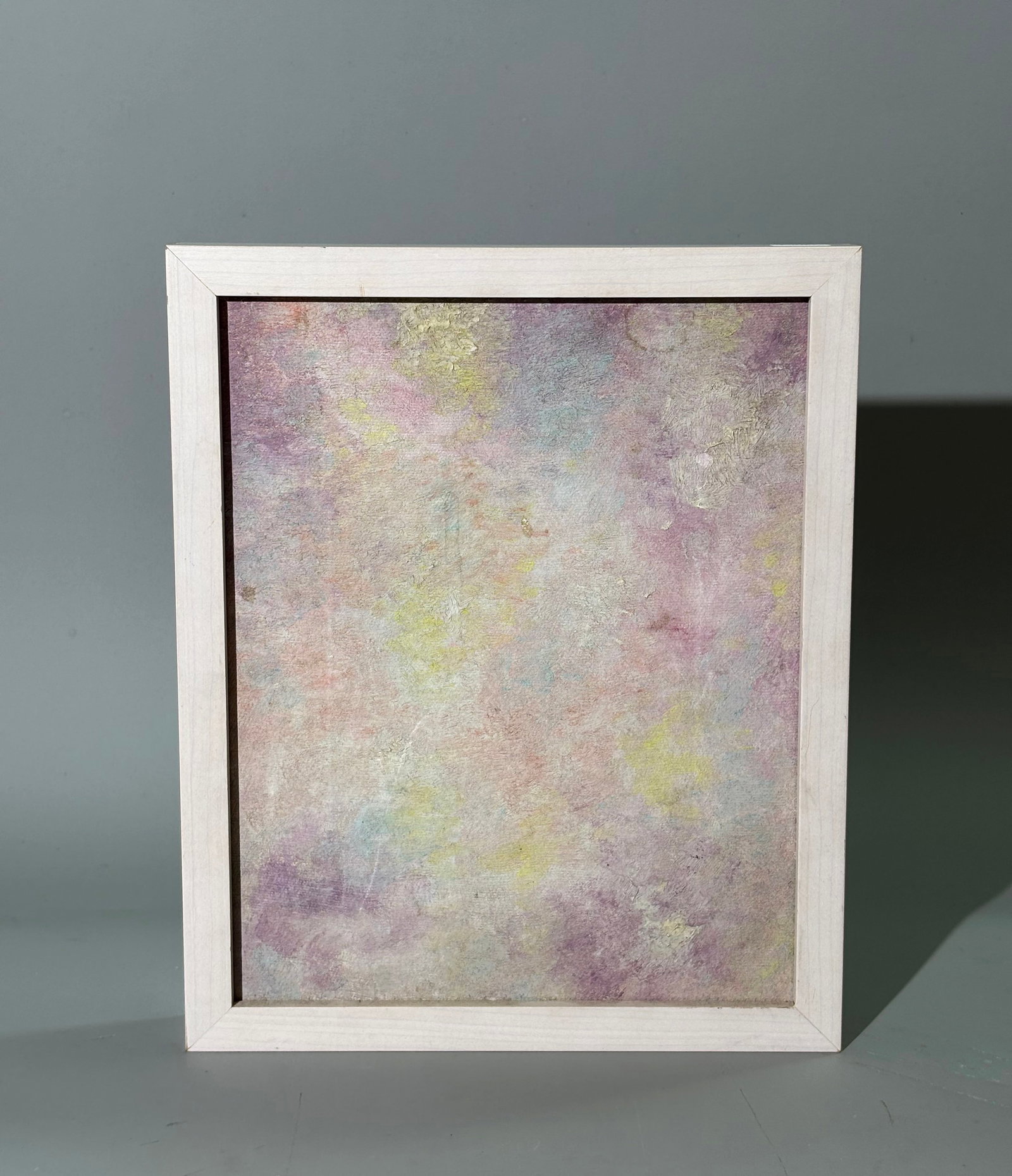 Oil On Fabric Abstraction In Pale Soft Colors: Oil On Fabric Abstraction In Pastel Colors; well framed by "Acanthus & Reed," Delaware with their hand-stamp to back board. Height of art 9 1/2 inches X width 7 1/2 inches. PROVENANCE: Purchased by th