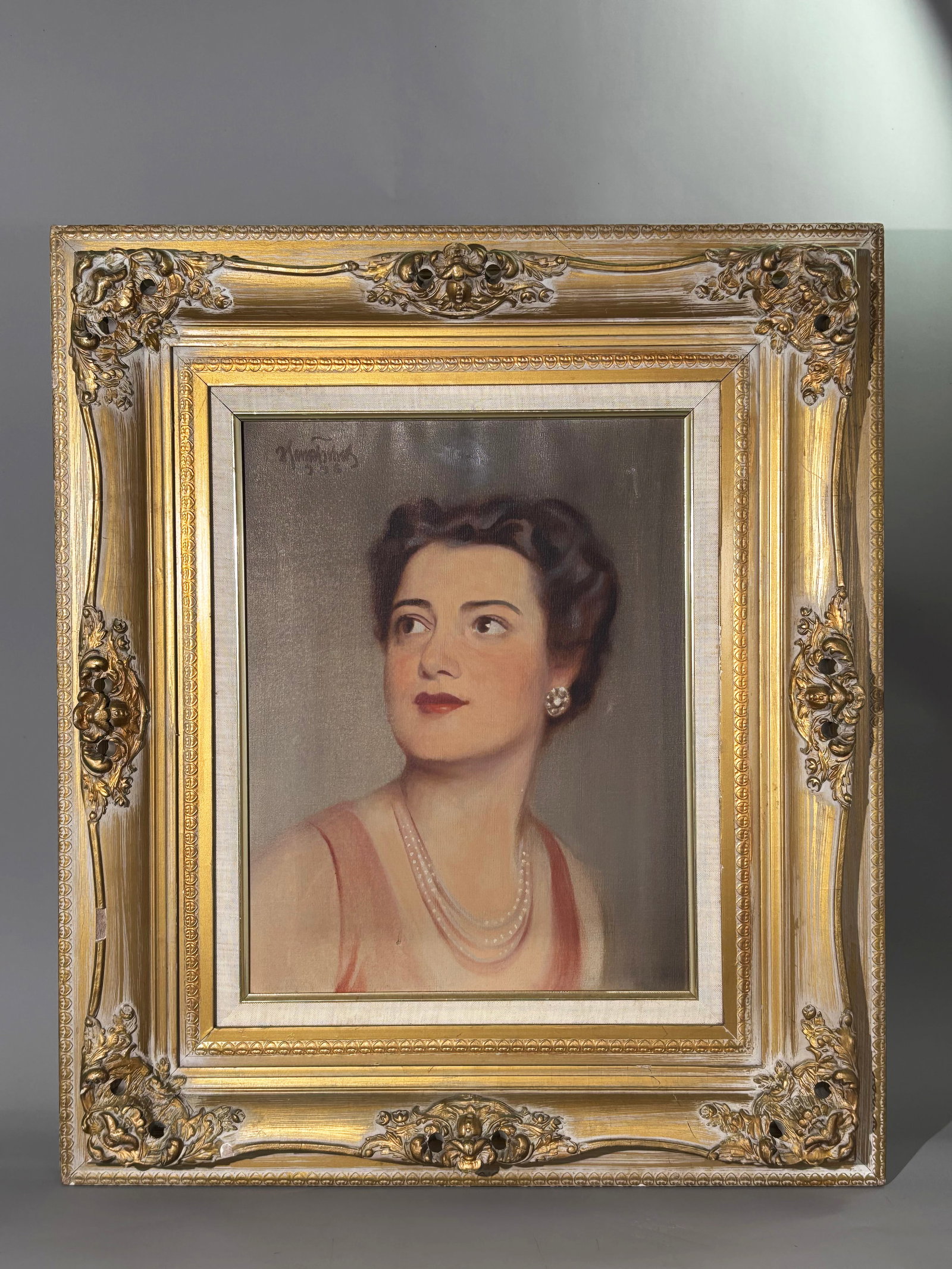 Oil Portrait On Canvas Of Lady In Pearls: Oil Portrait On Canvas Of Lady In Pearls, signed indistinctly to upper left corner recto with numbers (946?); on stretcher and framed. Height of art 18 inches X width of art 14 inches. PROVENANCE: Pur