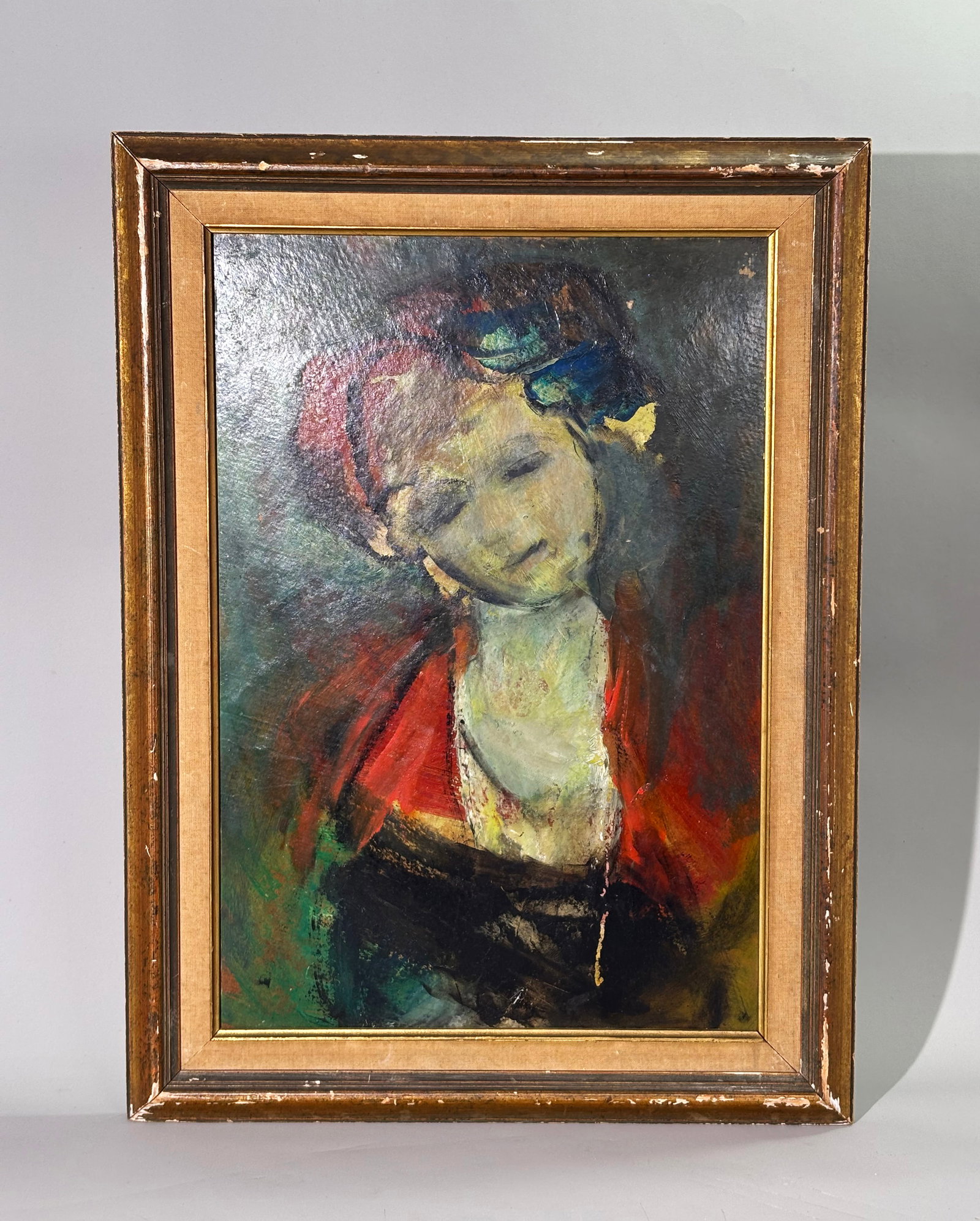 Mid-Century Modern Oil Board Abstract Lady In Hat: Mid-Century Modern Oil on Board, Abstract Lady in Hat; unsigned and framed to edges of board. Height of art 19 5/8 inches X width of art 13 5/8 inches. PROVENANCE: Purchased by the consignor from a Co