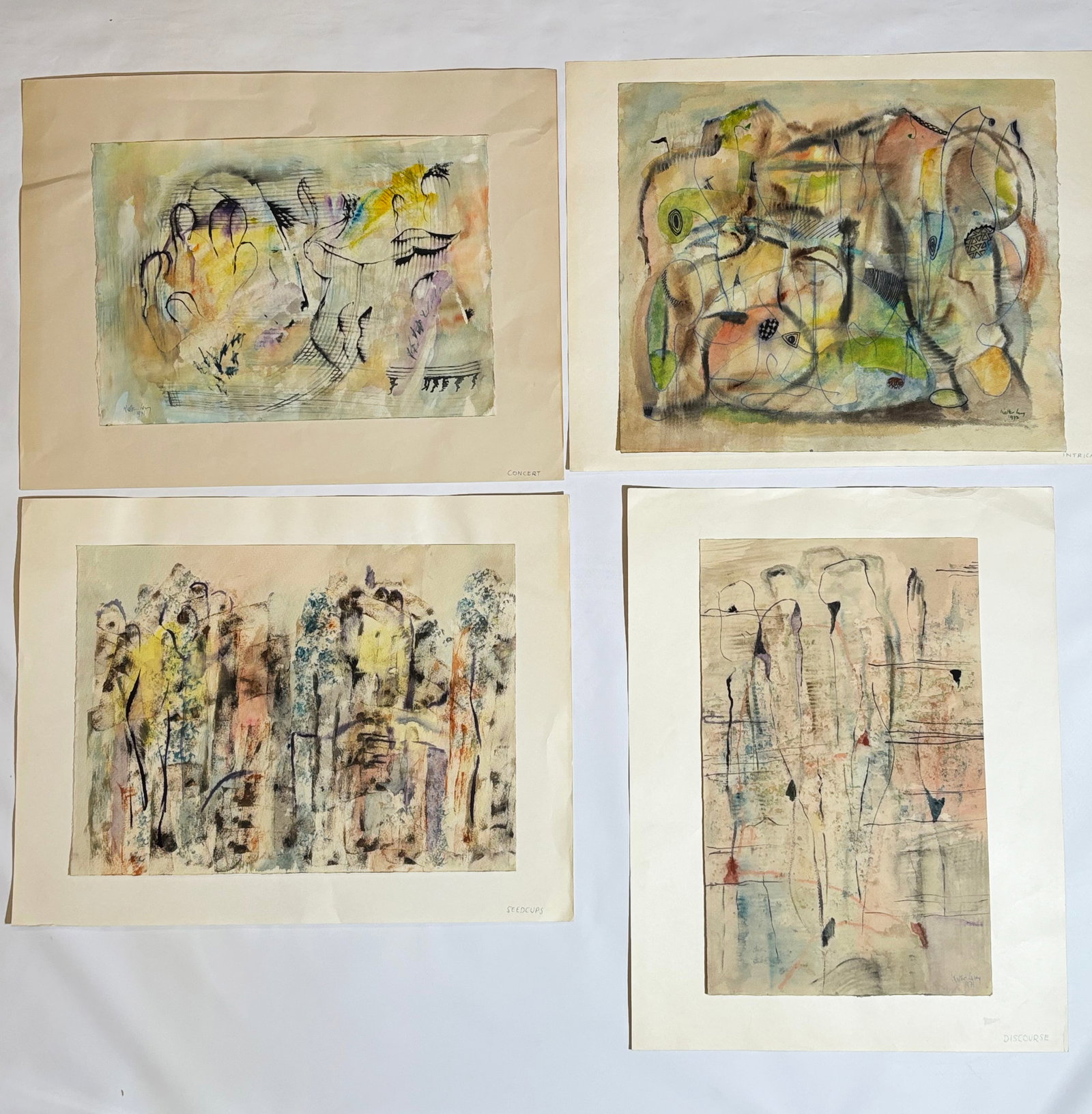 Walter Levy (Lewy); 4 Abstract Watercolors 1970-72: Walter Levy (Lewy); 4 Abstract Watercolors on watercolor paper mounted to white paper with titles, "Intricacies," "Discourse," "Seedcups," and "Concert." Signed and dated 1970-72. The largest watercol