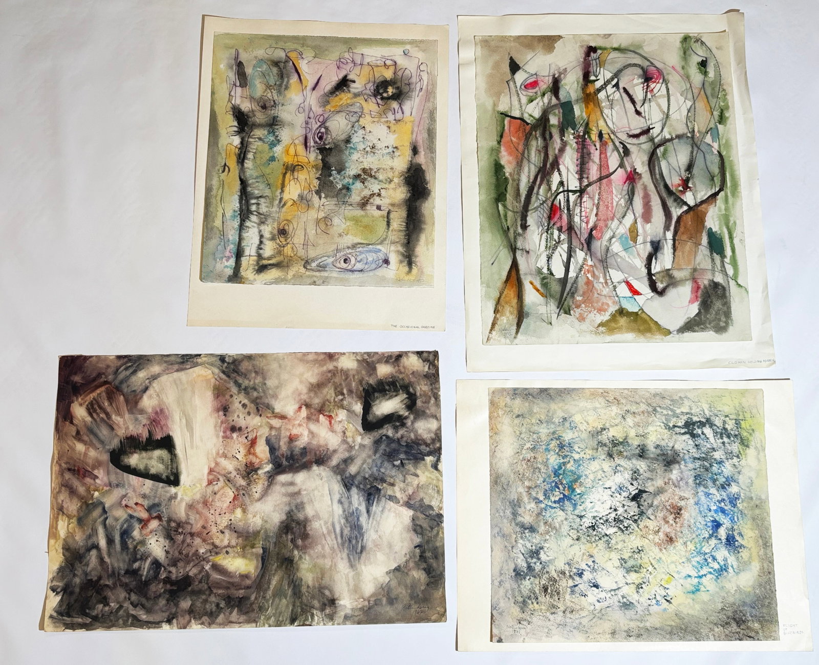 Walter Levy (Lewy); 4 Abstract Watercolors 1967-72: Walter Levy (Lewy); 4 Abstract Watercolors on watercolor paper mounted to white paper with titles, "Flight of Bluebirds," "The Occasional Sardine," "Avalanch," and "Clown Holding Mirror." Signed and d