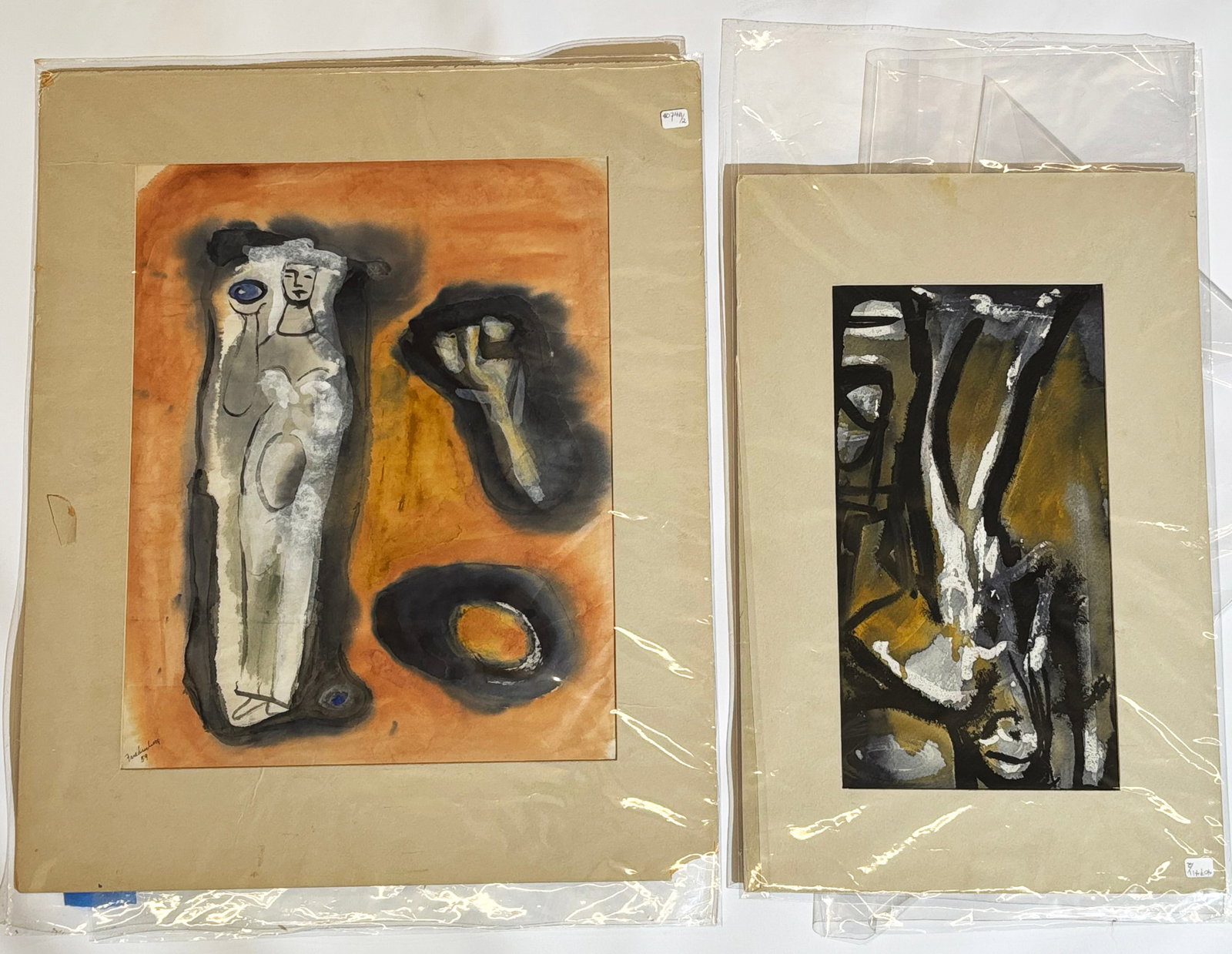 Elizabeth Friedenberg; 2 Figural Watercolors: Elizabeth Friedenberg (Louisiana, 1908-1997); 2 figural abstract watercolors on watercolor paper, each taped to a mat over the art and unframed, the larger signed in ink Friedenberg and dated 1959 to 