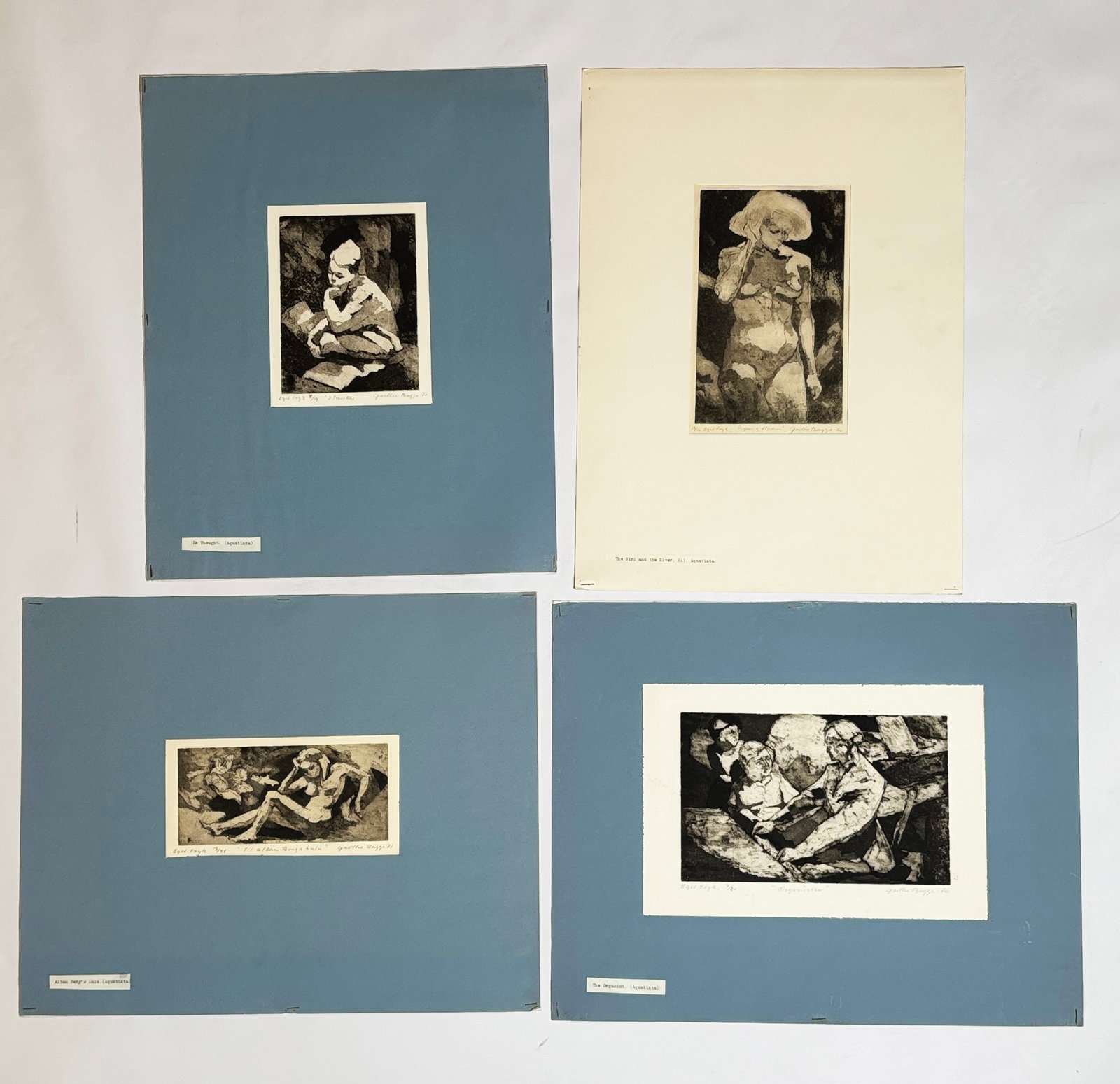 Grethe Bagge 4 Fine Danish Figural Aquatints: Grethe Bagge (Denmark, 1925 - 2012); 4 Figural Aquatints signed, titled, dated and numbered to bottom margins in pencil; lightly mounted to heavy paper backing with over-mat in blue or white paper wit