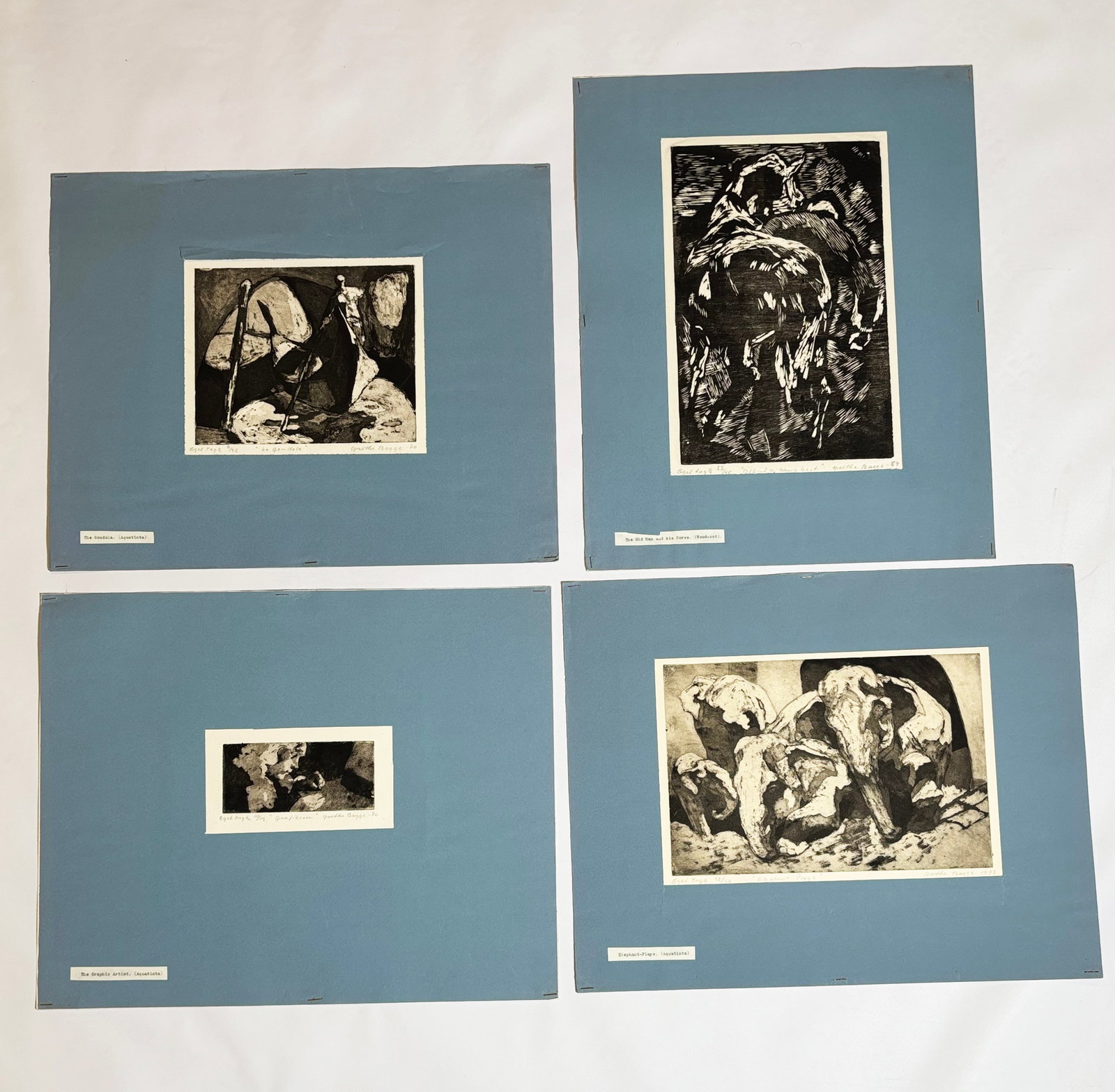 Grethe Bagge 3 Fine Danish Aquatints 1 Woodblock: Grethe Bagge (Denmark, 1925 - 2012); 3 Aquatints & 1 Woodcut; signed, titled, dated and numbered to bottom margins in pencil; lightly mounted to heavy paper backing with over-mat in blue paper within 