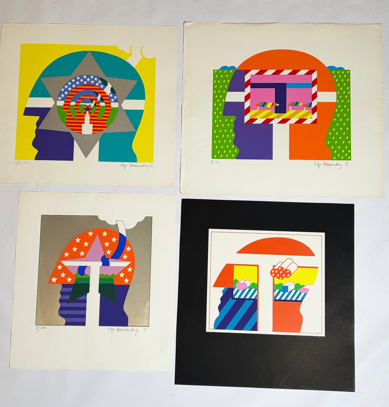 Olga Blumenberg 4 German Pop-Art Silkscreen Prints: Olga Blumenberg (German, 1926-2009); 4 Silkscreen Prints on paper in the Pop-Art style; each signed, 2 dated 1971 and 2 dated 1973 in pencil to bottoms. Height of largest paper 19 3/4 inches X width o