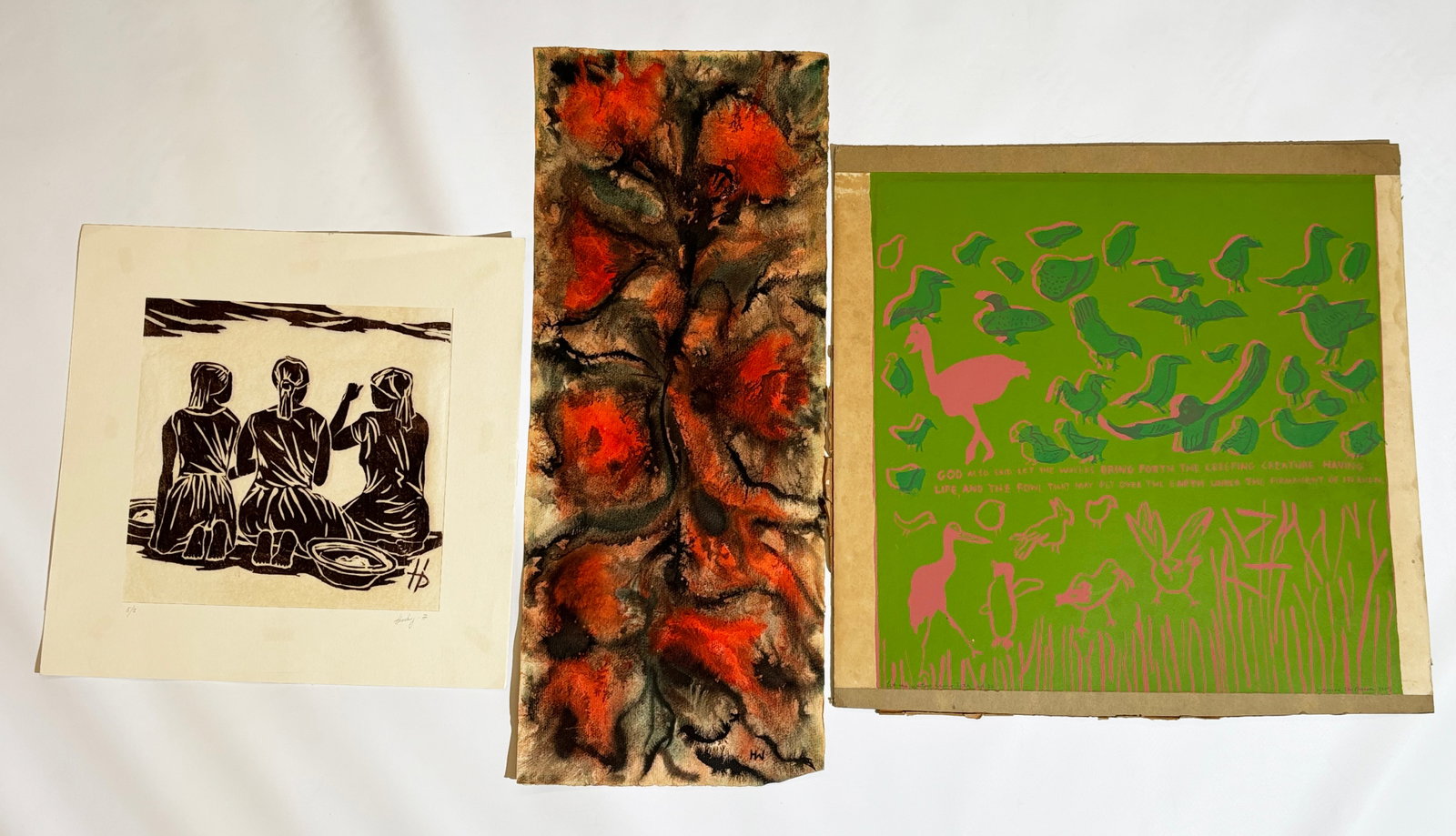 3 Artworks; Suzanne McPherson, Hudney & HW: 3 Vintage Artworks on paper: a pink, lime and green silkscreen on paper mounted to cardboard, signed Suzanne McPherson, 1963, "Let the Waters Bring Forth / Ed 20," a woodblock print, possibly Brazilia