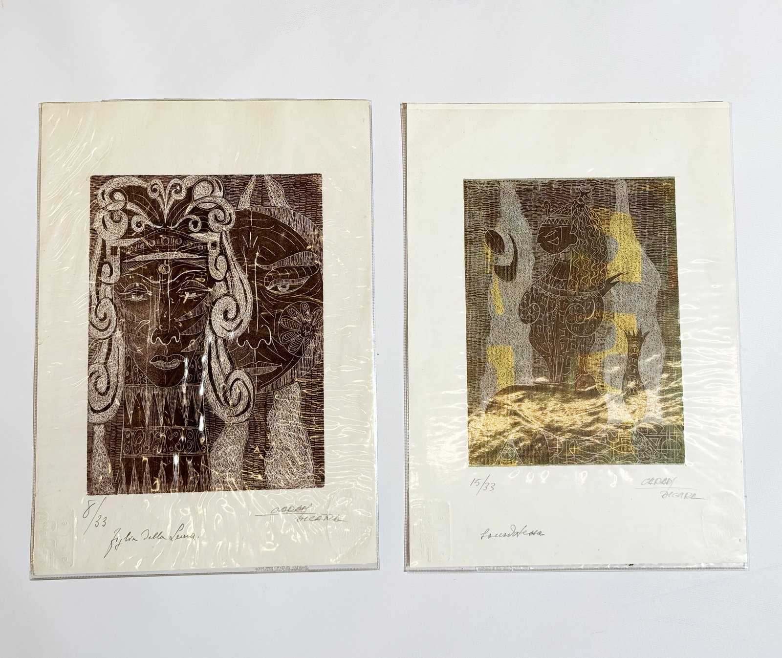Mario Di Cara, Roman Architect 2 Prints Signed: Mario Di Cara (Rome, 1915-2009); 2 engravings in brown ink; signed by this Italian architect, art critic, painter and Graphic Artist, 1 an aquatint numbered 8/33 and the other printed on coated fabric
