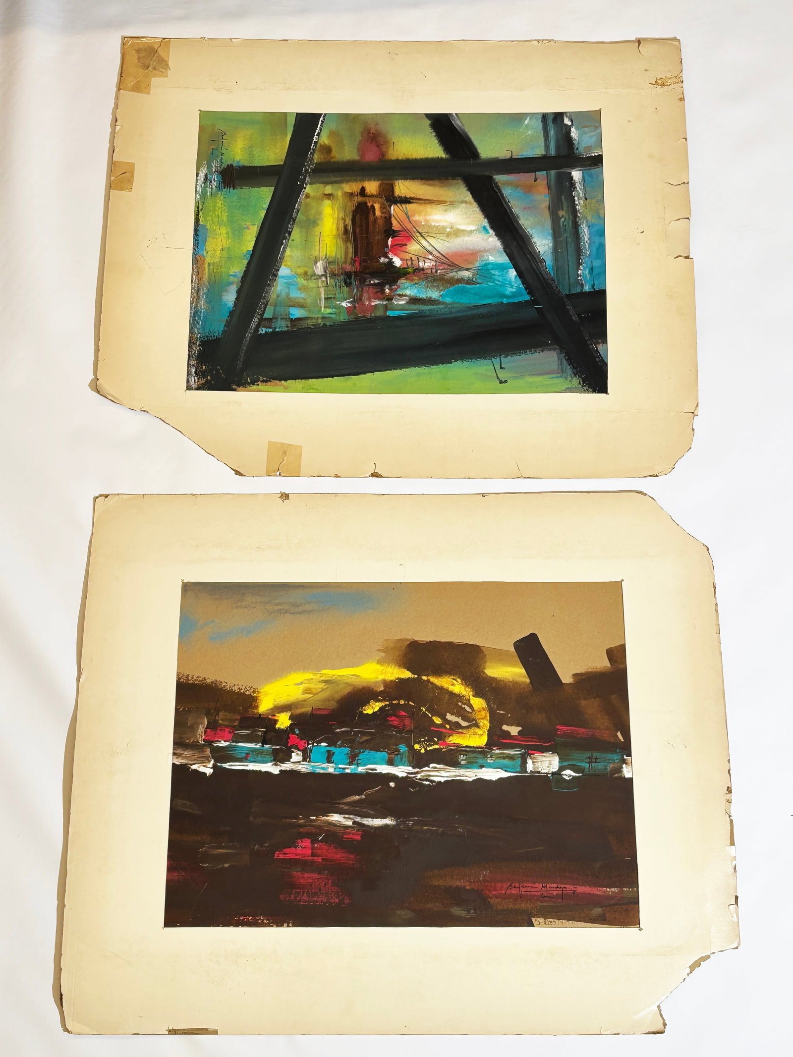 Benjamin Mendoza y Amor Flores 2 Abstract Artworks: Benjamin Mendoza y Amor Flores (Bolivia, 1933-2014); 2 Abstract Seascape Artworks, some with ships or docks, each in gouache or watercolor and ink on cardboard and signed in ink, now with old crumblin