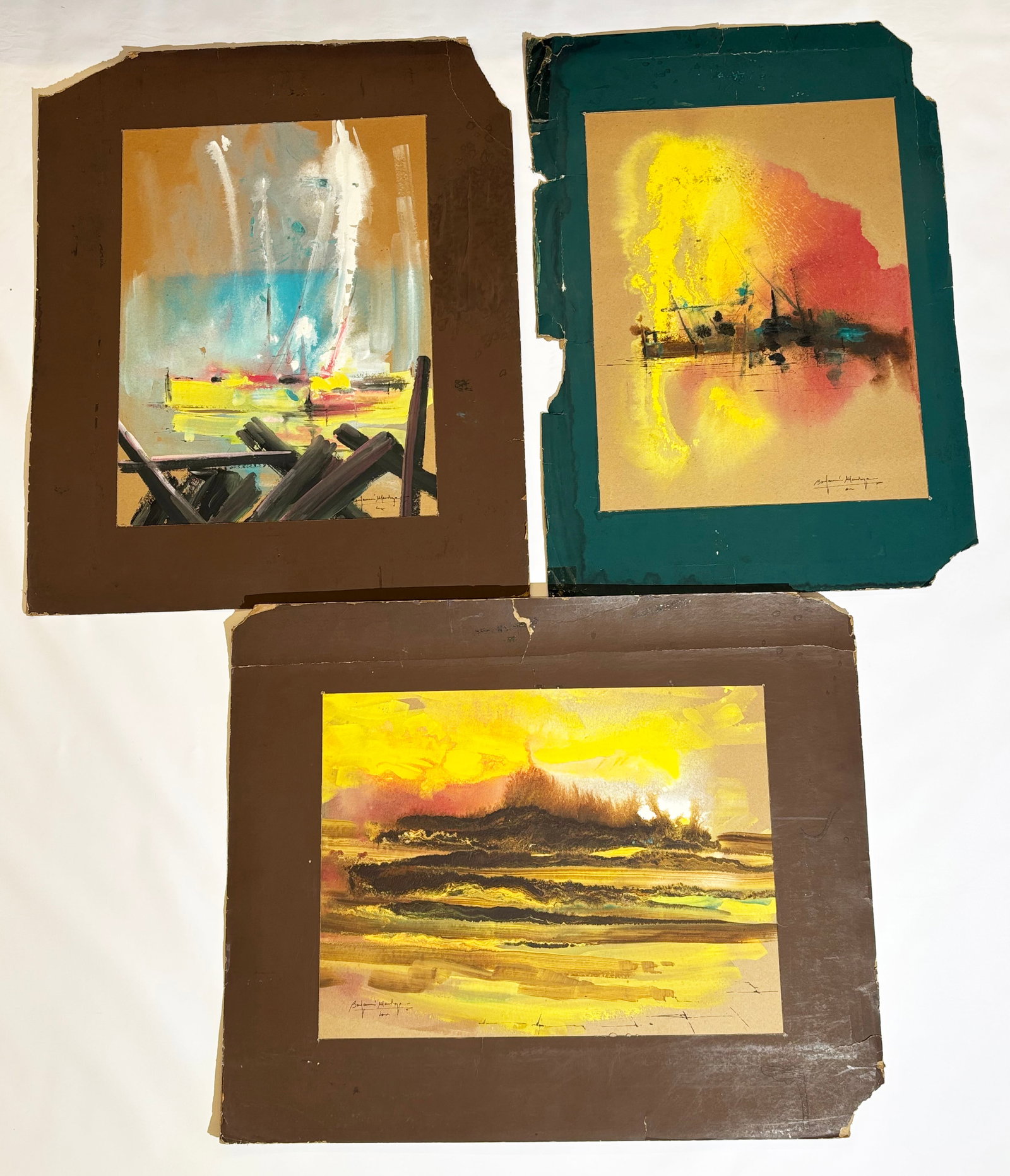 Benjamin Mendoza y Amor Flores 3 Abstract Artworks: Benjamin Mendoza y Amor Flores (Bolivia, 1933-2014); 3 Abstract Seascape Artworks, some with ships or docks, each in gouache or watercolor and ink on cardboard and signed in ink, now with old crumblin