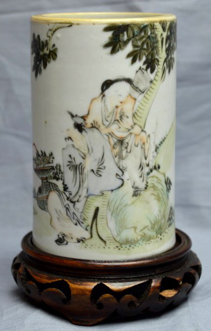 Chinese Porcelain Republic Period Brush Pot: Chinese Porcelain Painted Brush Pot, Republic Period; the sides with a design of a Scholar and boy with calligraphy; mark on base with old exprt sticker. Height 4 3/4 inches (12 cm.).