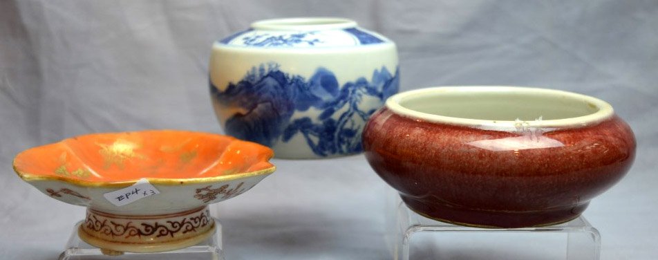 3 Chinese Porcelains: 3 Chinese Porcelains, the first an iron red decorated raised dish with a lengthy inscription on the base, good condition, diameter 4 1/4 inches (11 cm.), the second a copper red glazed brush washer wi